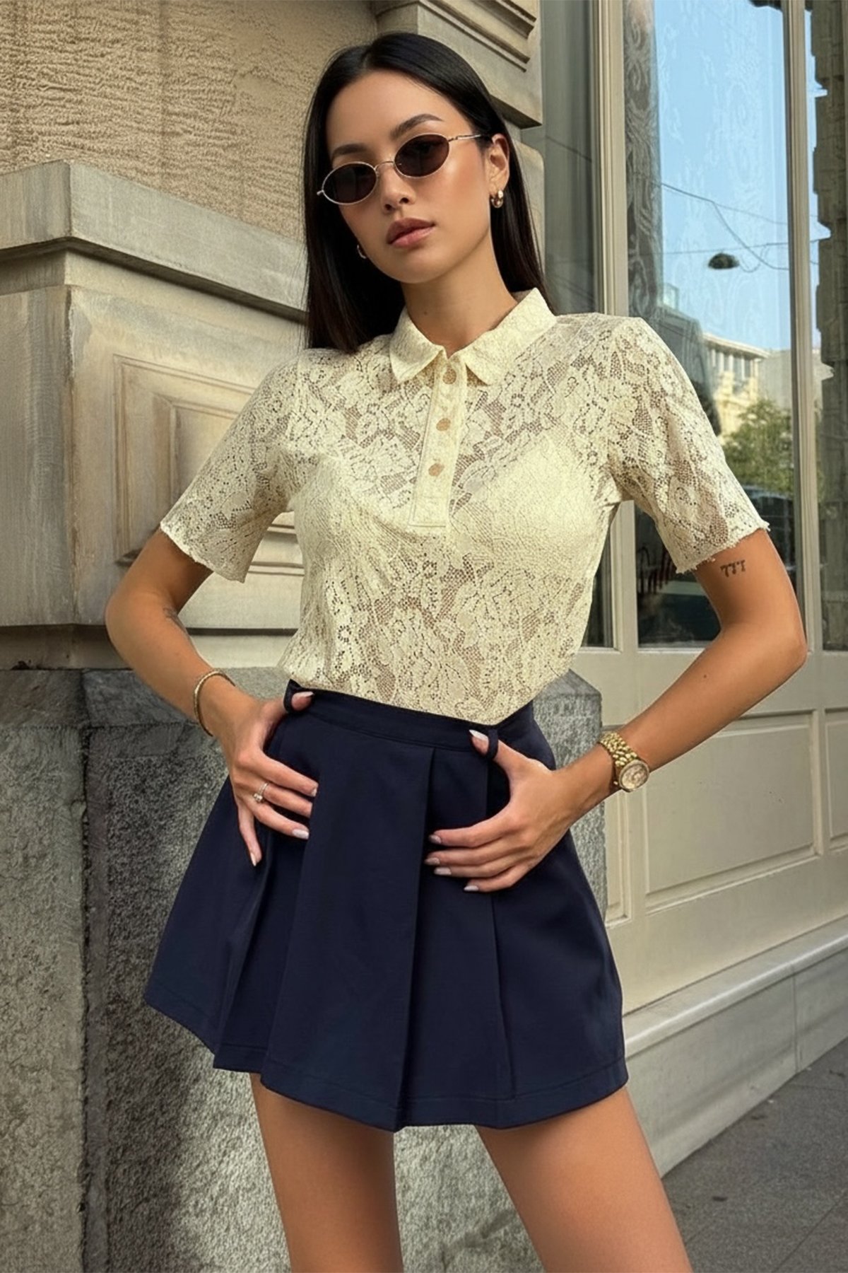 Kadın SARI POLO YAKA YARIM PAT DÜĞMELİ DANTEL T-SHIRT ALC-X15328