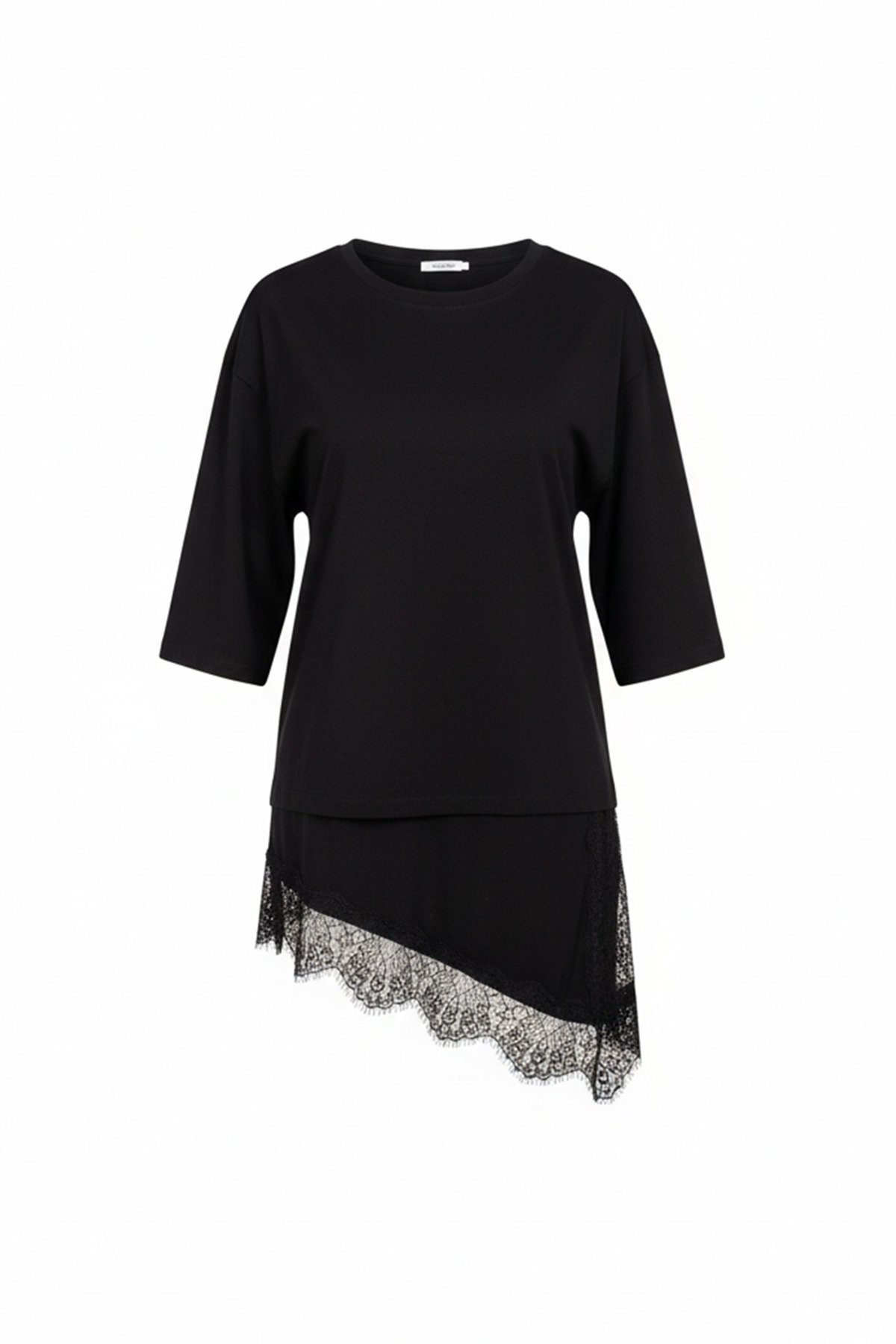 Kadın Siyah Asimetrik Kesim Dantel Detaylı Oversize T-Shırt Alc-X15249