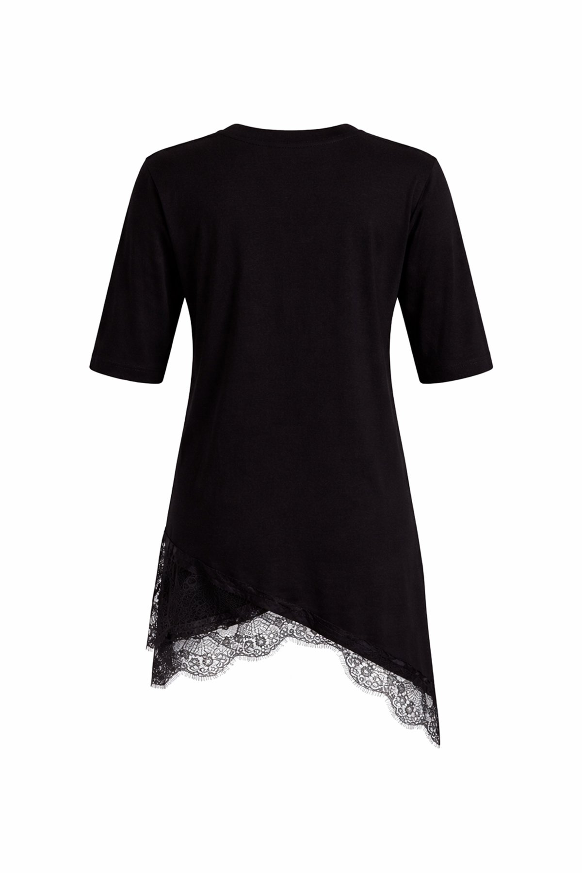 Kadın Siyah Asimetrik Kesim Dantel Detaylı Oversize T-Shırt Alc-X15249