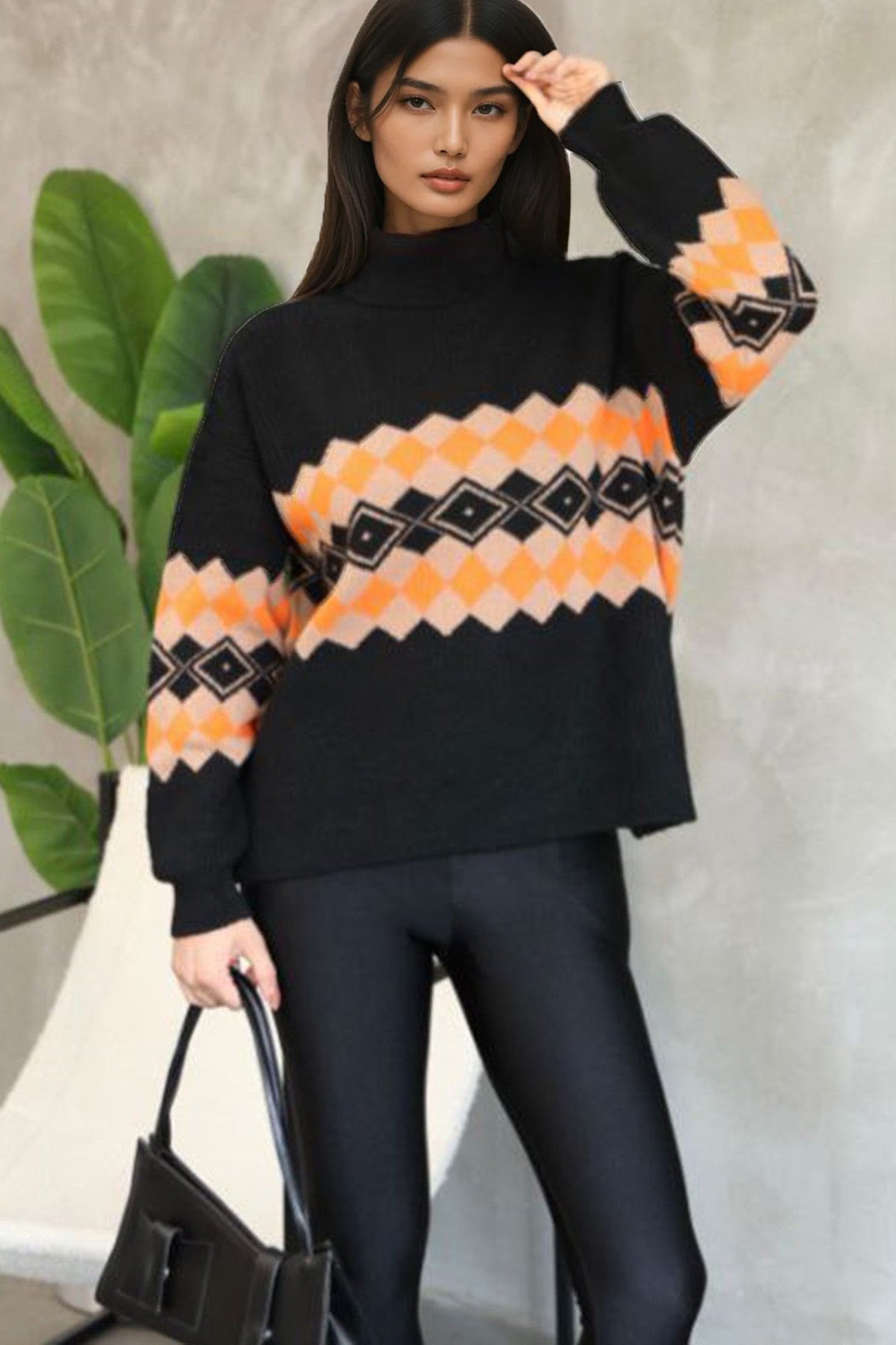 Kadın Siyah Balıkçı Yaka Baklava Desenli Triko Kazak Alc-X14739