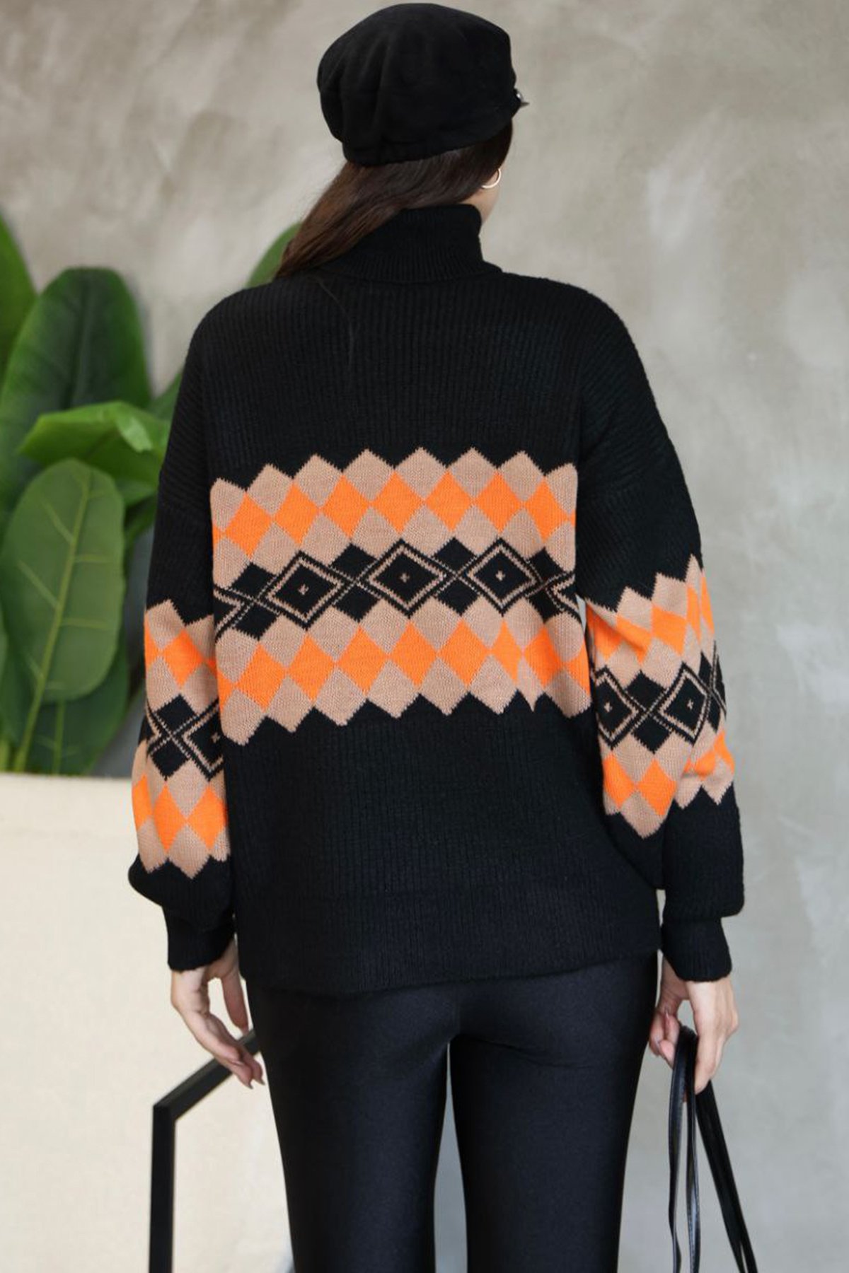 Kadın Siyah Balıkçı Yaka Baklava Desenli Triko Kazak Alc-X14739