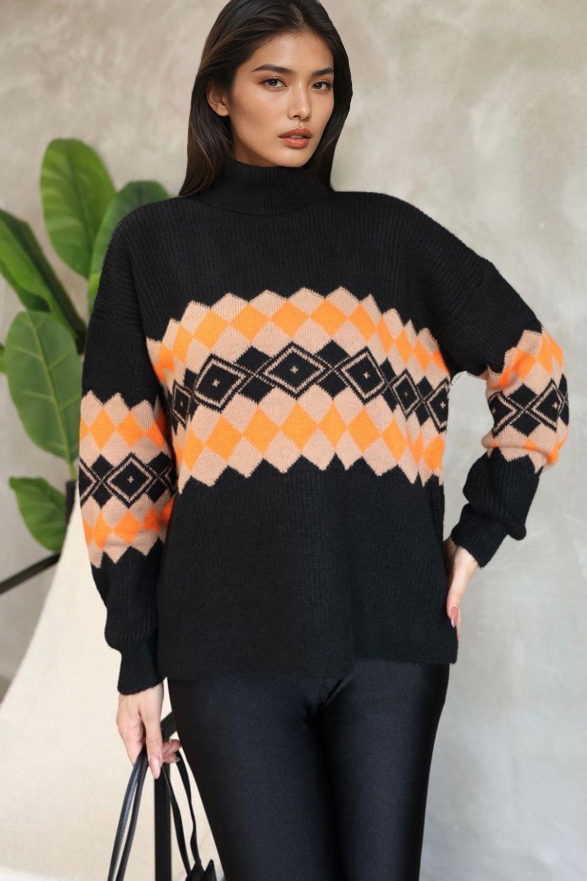 Kadın Siyah Balıkçı Yaka Baklava Desenli Triko Kazak Alc-X14739