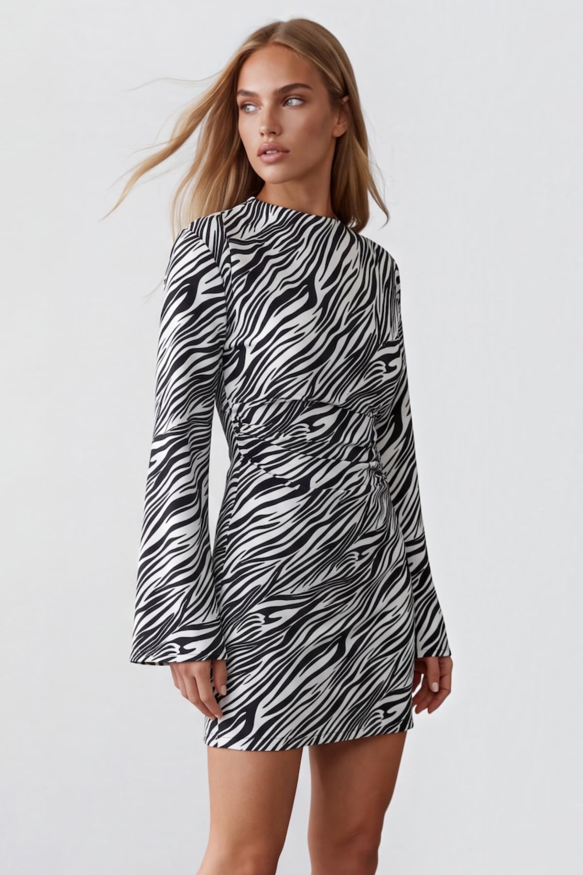 Kadın SİYAH BEYAZ Dik Yaka Zebra Desenli Mini Elbise ALC-X15872