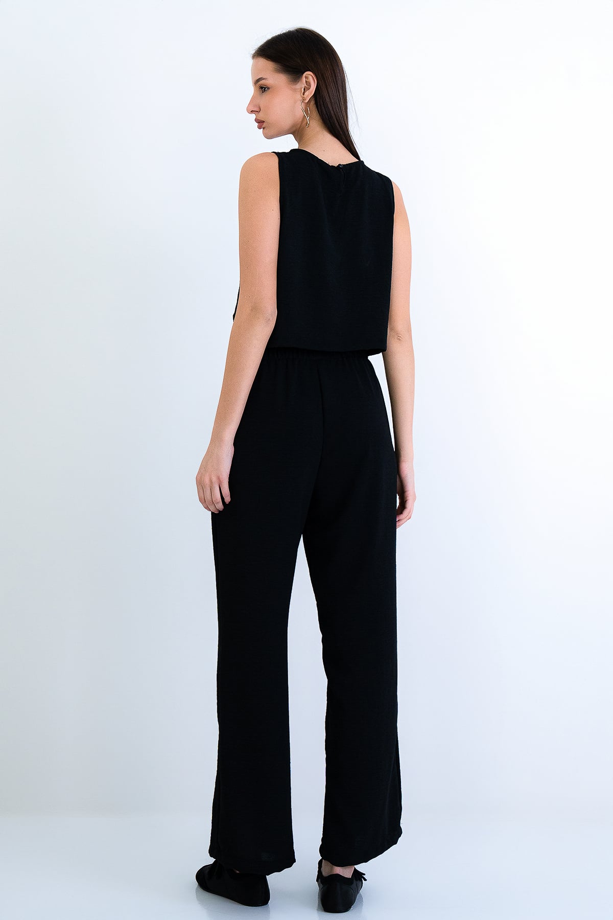 Kadın Siyah Bisiklet Yaka Aerobin Crop Bluz Ve Pantolon Takım Alc-X15209