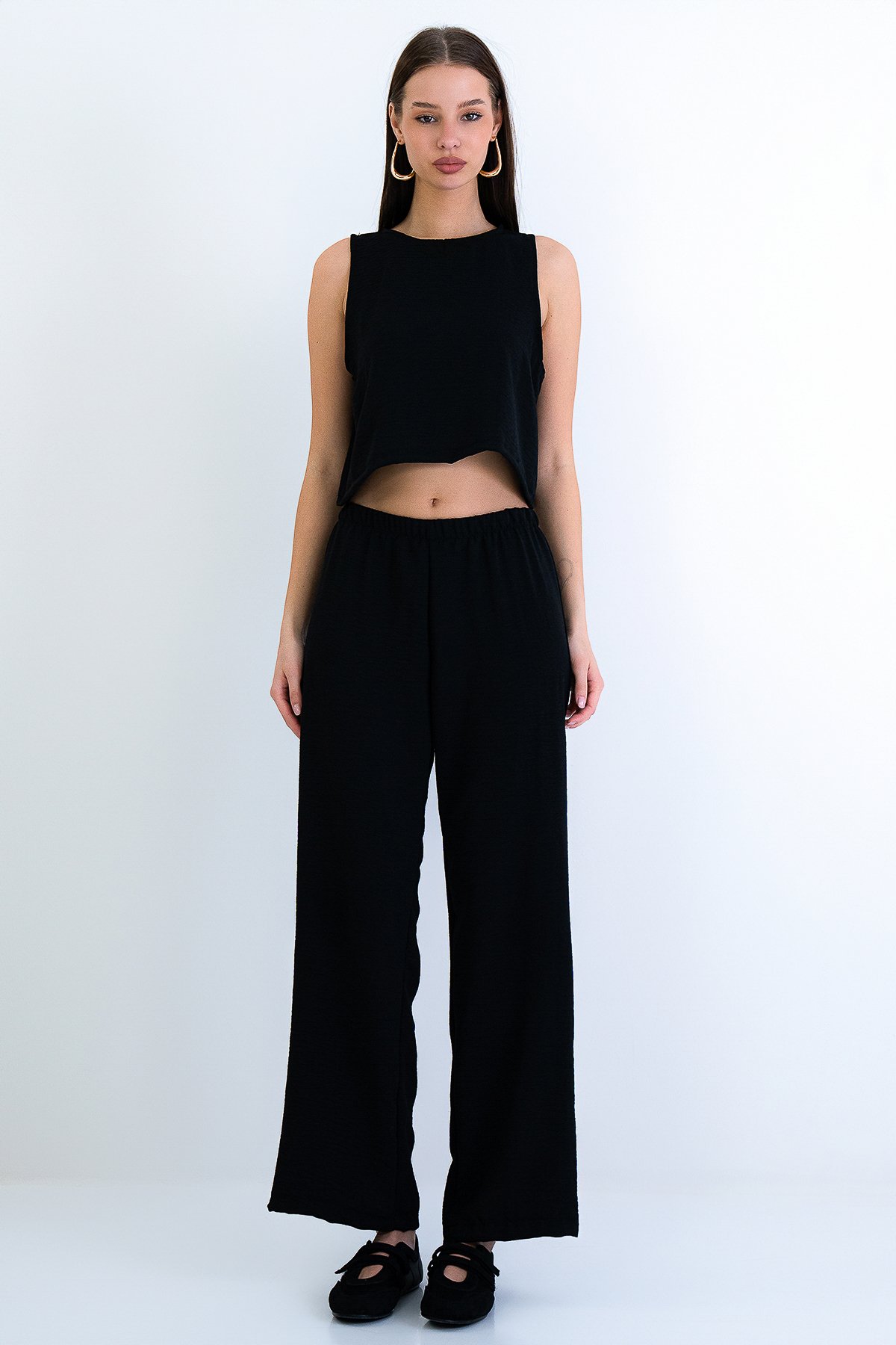 Kadın Siyah Bisiklet Yaka Aerobin Crop Bluz Ve Pantolon Takım Alc-X15209