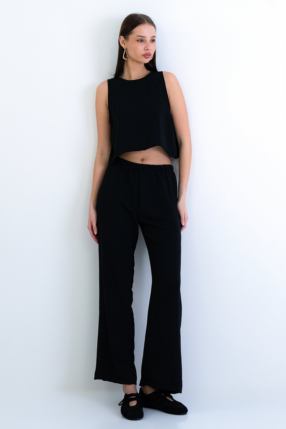 Kadın Siyah Bisiklet Yaka Aerobin Crop Bluz Ve Pantolon Takım Alc-X15209