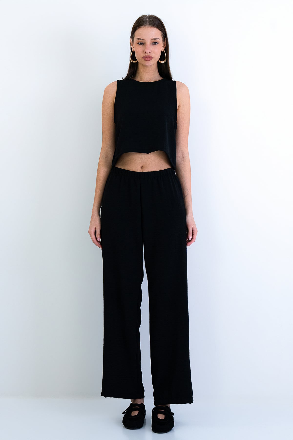 Kadın Siyah Bisiklet Yaka Aerobin Crop Bluz Ve Pantolon Takım Alc-X15209