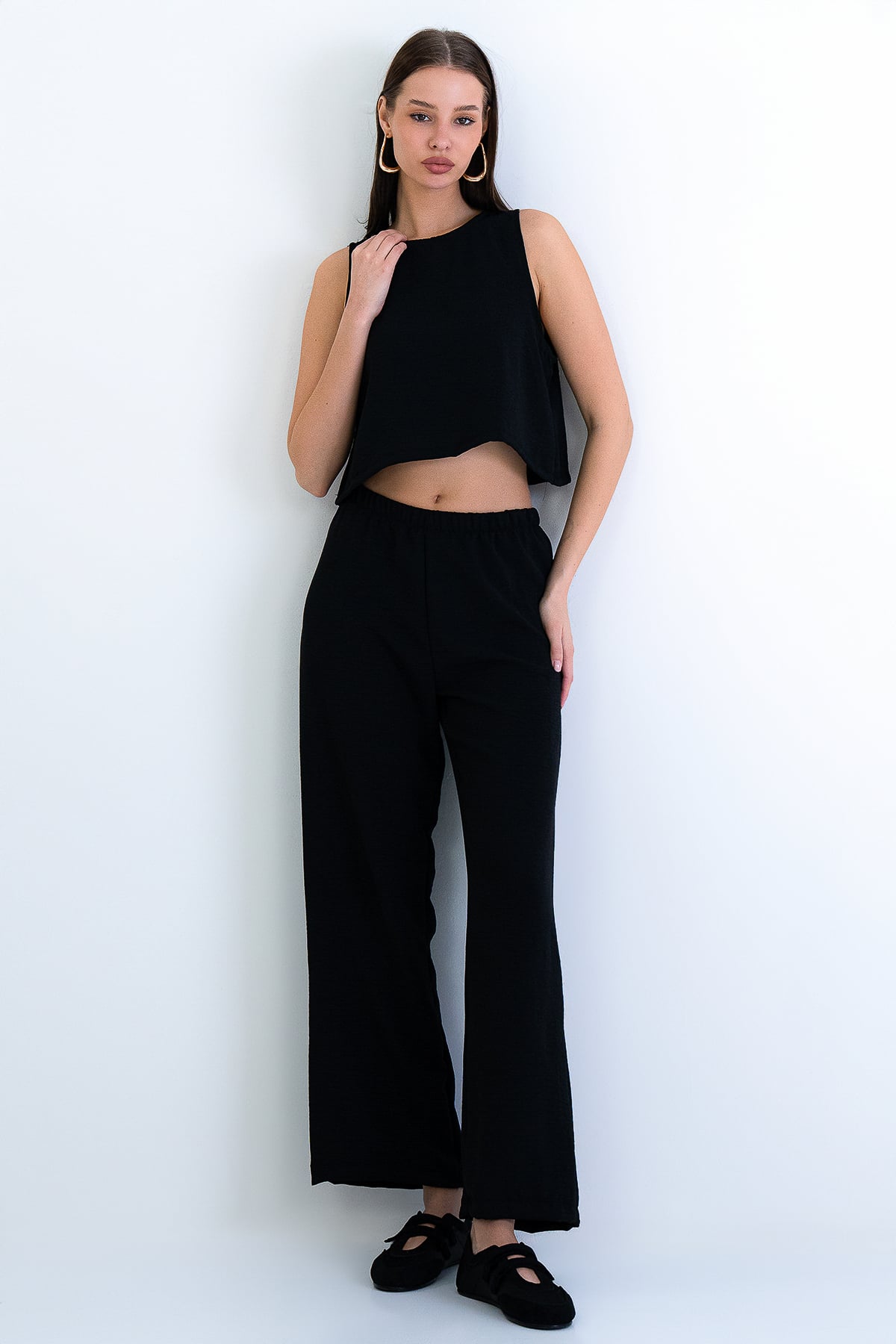 Kadın Siyah Bisiklet Yaka Aerobin Crop Bluz Ve Pantolon Takım Alc-X15209