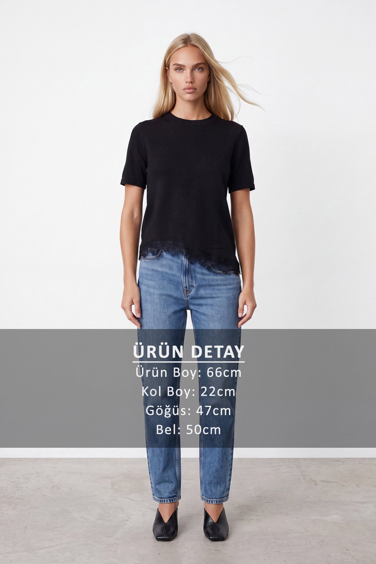 Kadın SİYAH Bisiklet Yaka Asimetrik Kesim Eteği Dantelli Triko Bluz ALC-X15654
