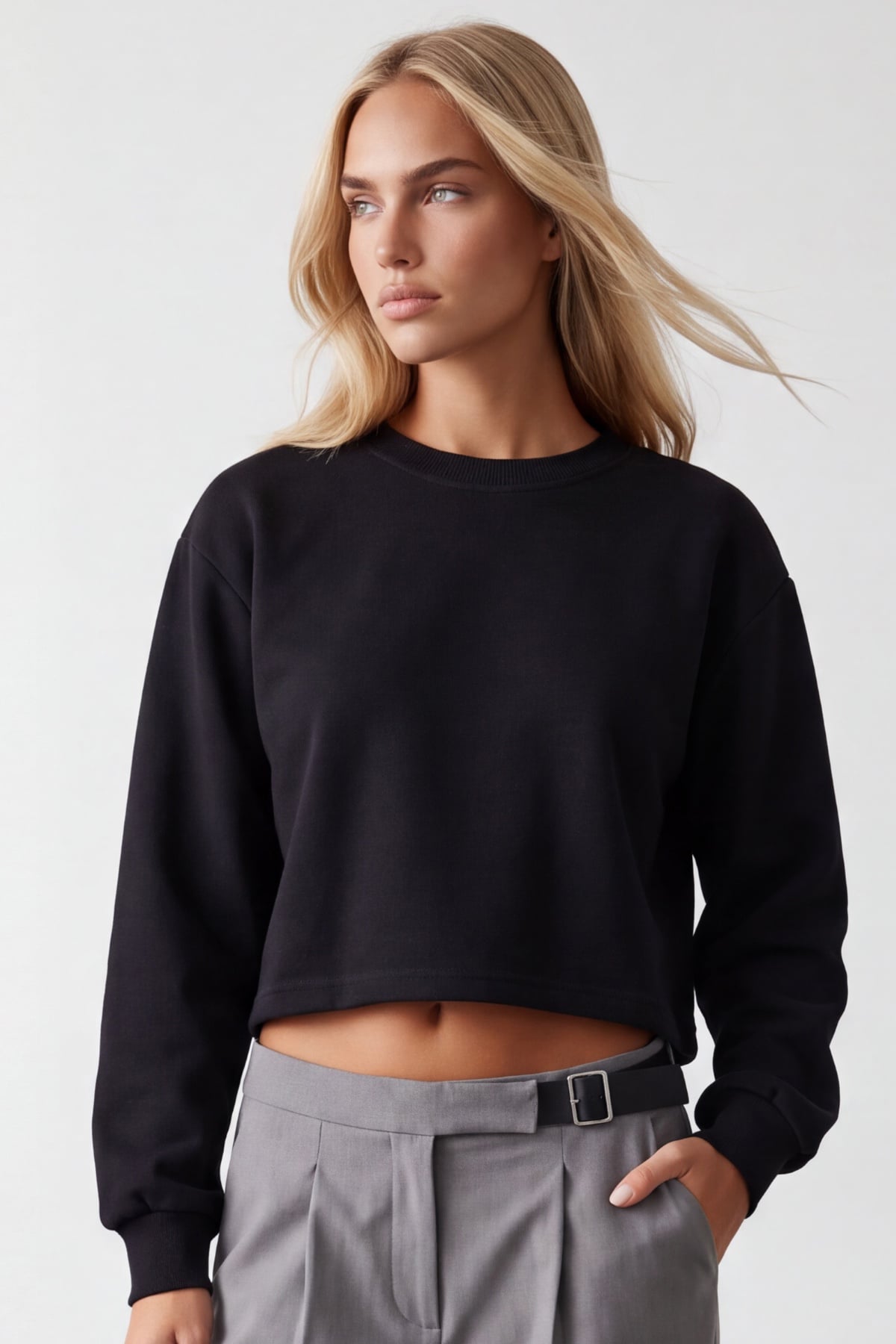 Kadın Siyah Bisiklet Yaka Eteği Pis Dikişli 3 İplik İçi Şardonlu Sweatshirt Alc-X15863