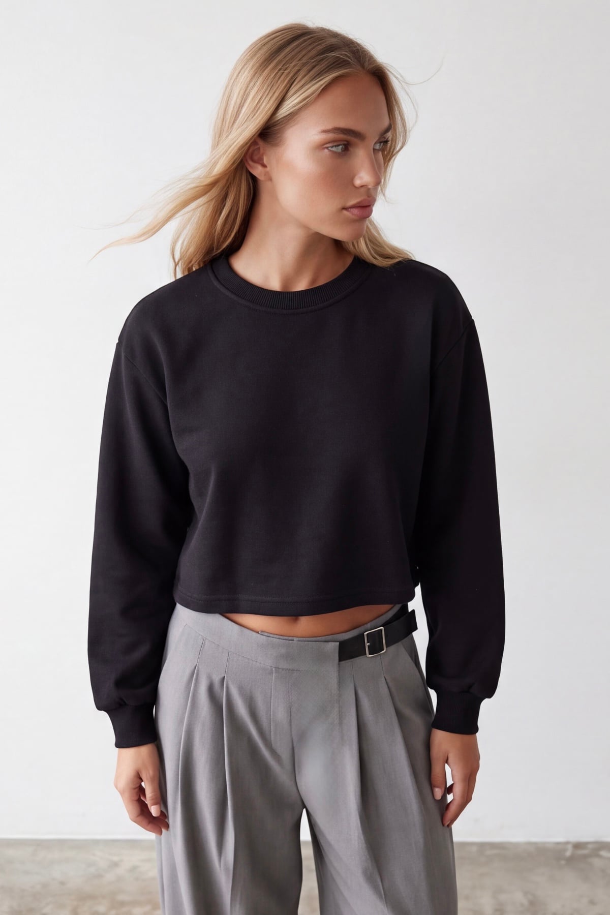 Kadın Siyah Bisiklet Yaka Eteği Pis Dikişli 3 İplik İçi Şardonlu Sweatshirt Alc-X15863