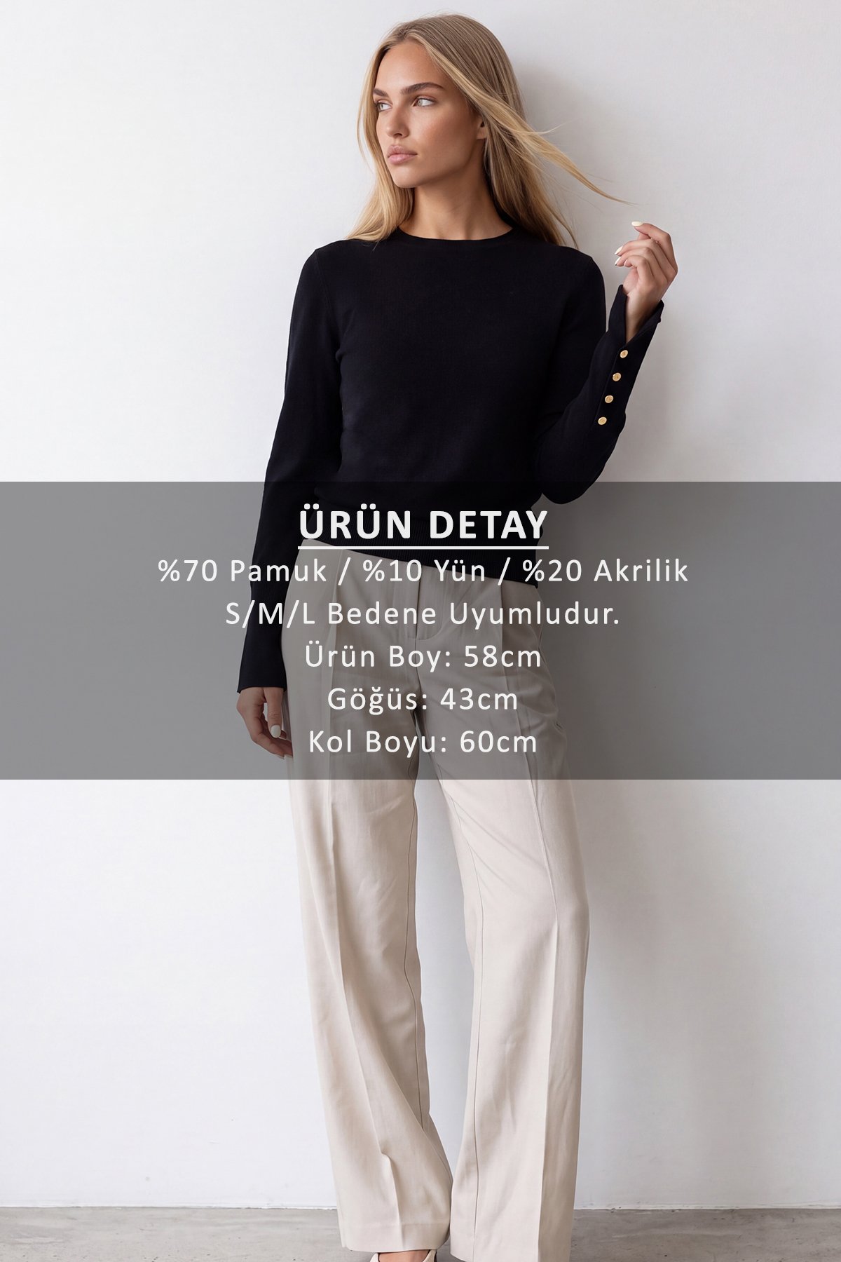 Kadın Siyah Bisiklet Yaka Gold Düğme Detaylı Crospan Yün Karışımlı Triko Bluz Alc-X15770