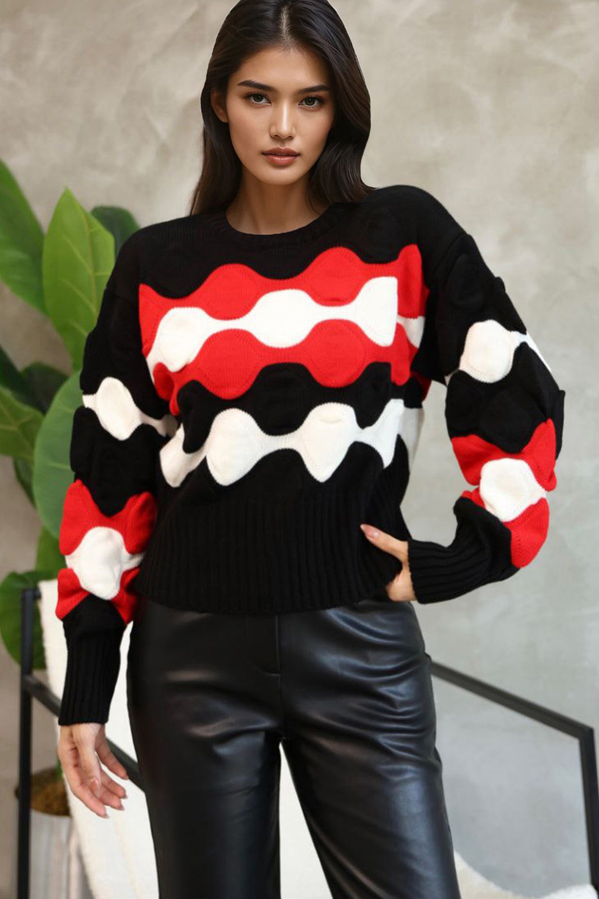 Kadın Siyah Bisiklet Yaka Kabartma Desenli Triko Kazak Alc-X14744