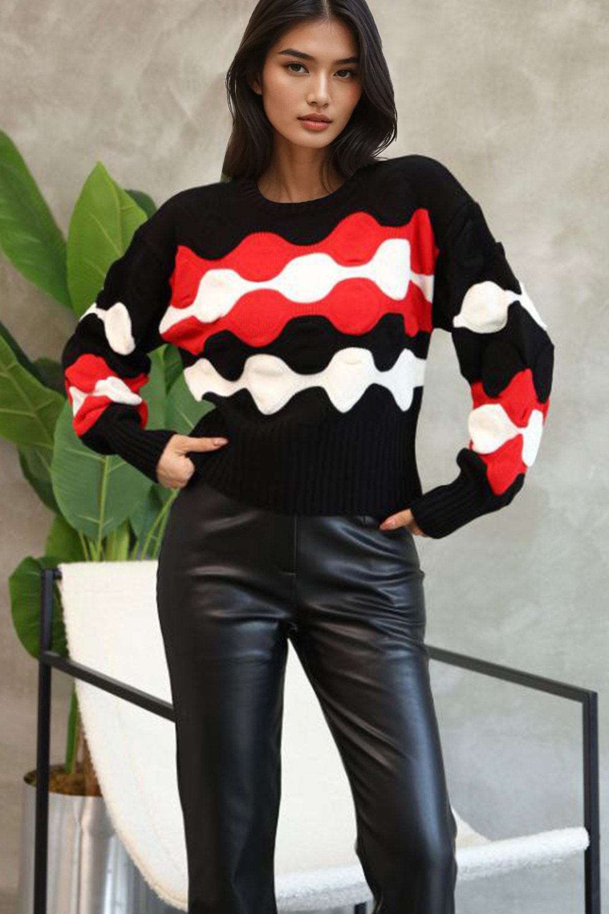 Kadın Siyah Bisiklet Yaka Kabartma Desenli Triko Kazak Alc-X14744