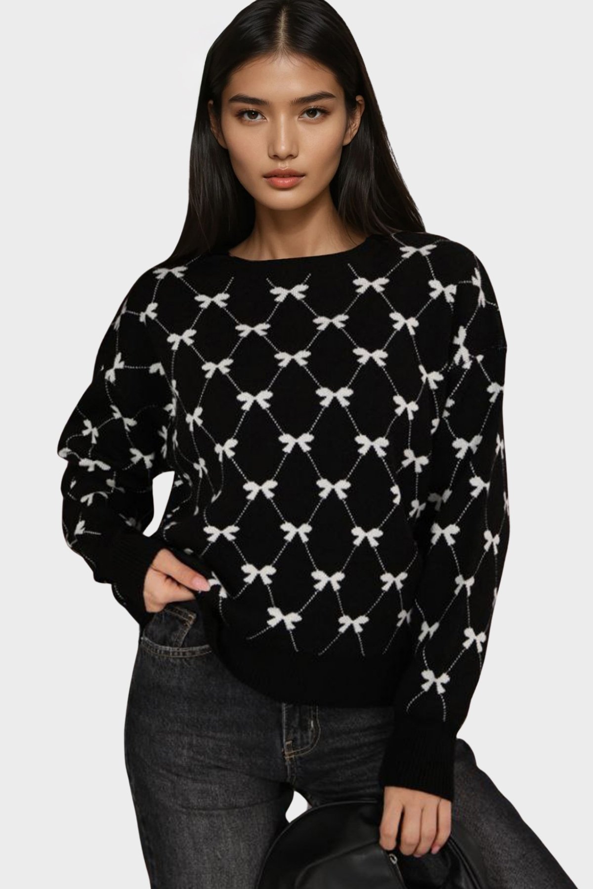 Kadın Siyah Bisiklet Yaka Kurdale Desenli Triko Kazak Alc-X14822