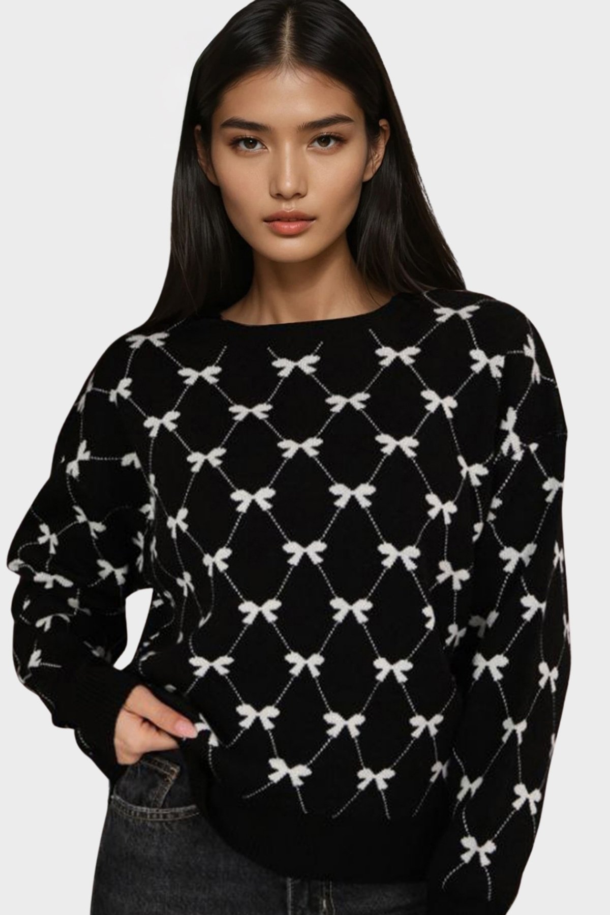 Kadın Siyah Bisiklet Yaka Kurdale Desenli Triko Kazak Alc-X14822