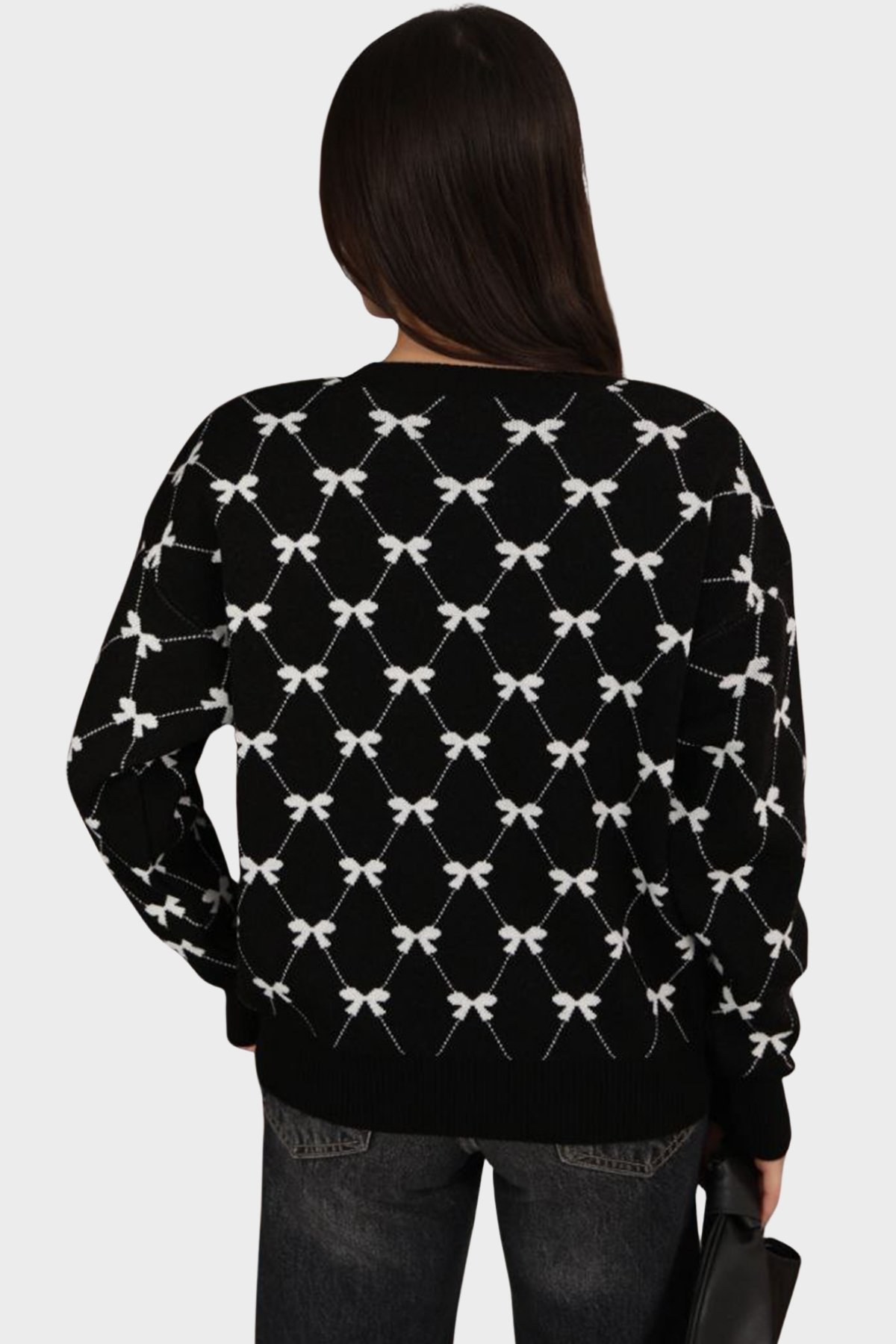 Kadın Siyah Bisiklet Yaka Kurdale Desenli Triko Kazak Alc-X14822