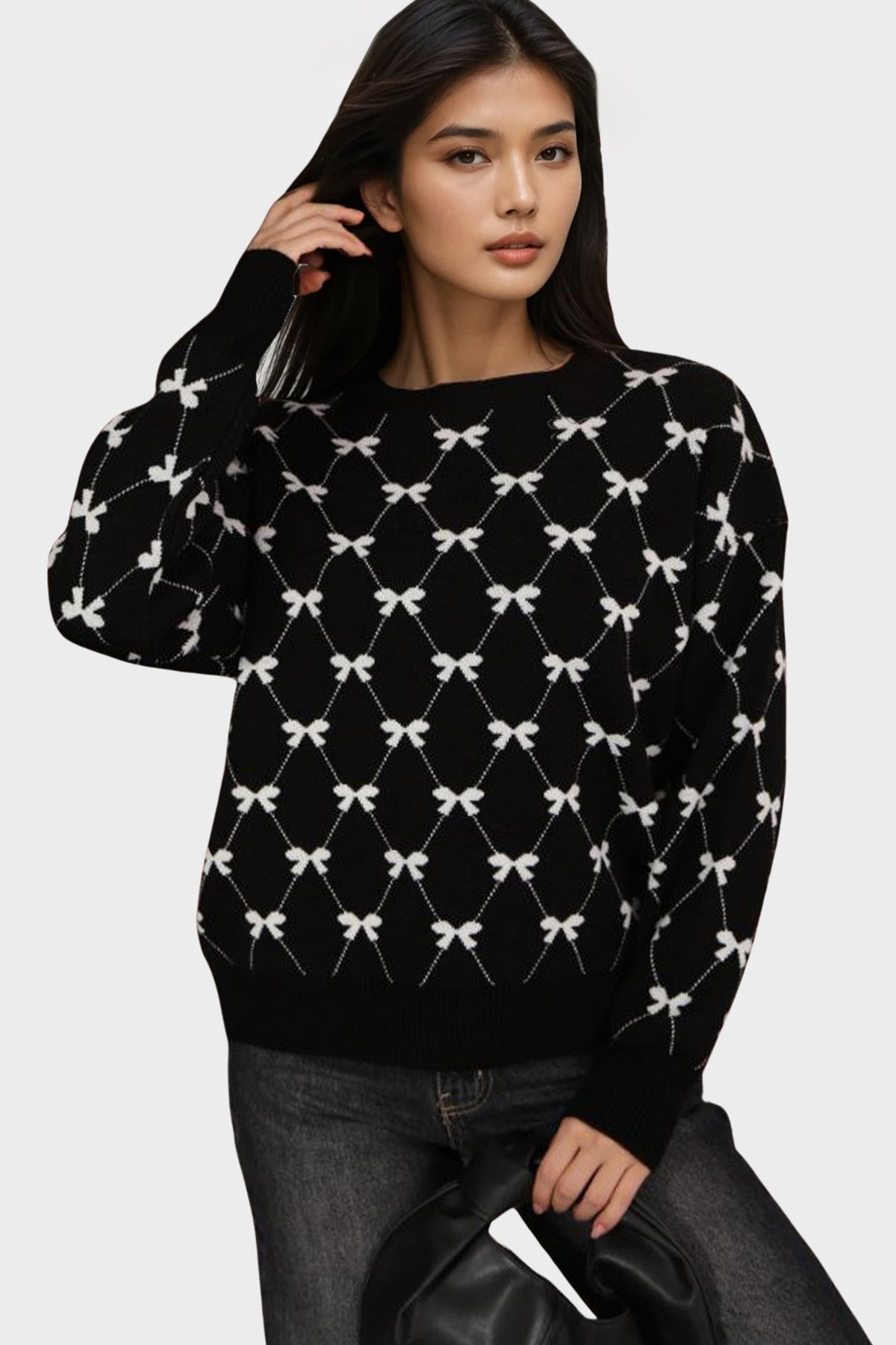 Kadın Siyah Bisiklet Yaka Kurdale Desenli Triko Kazak Alc-X14822