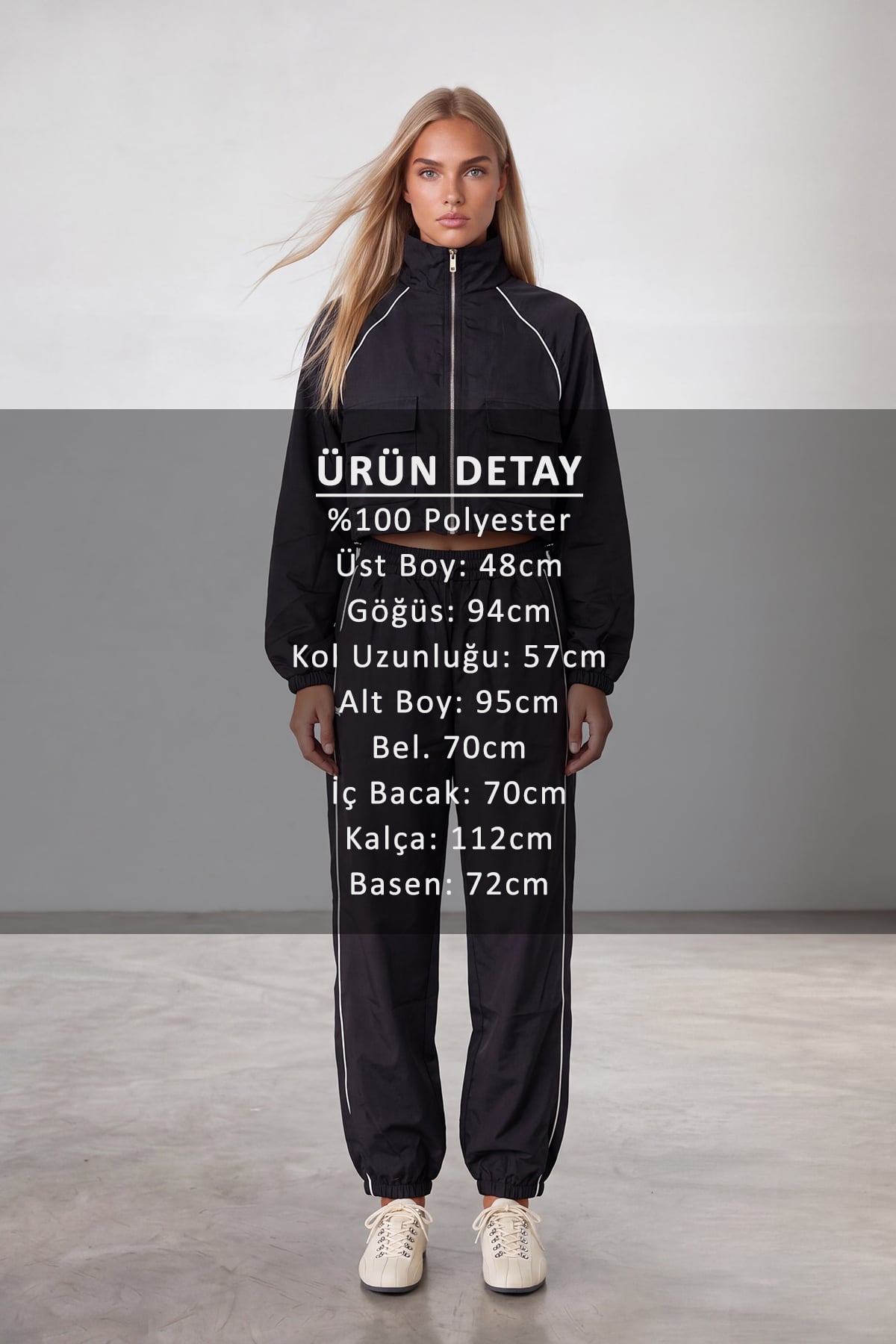 Kadın SİYAH Biye Detaylı Önü Fermuarlı Paçası Lastikli Takım ALC-X15893
