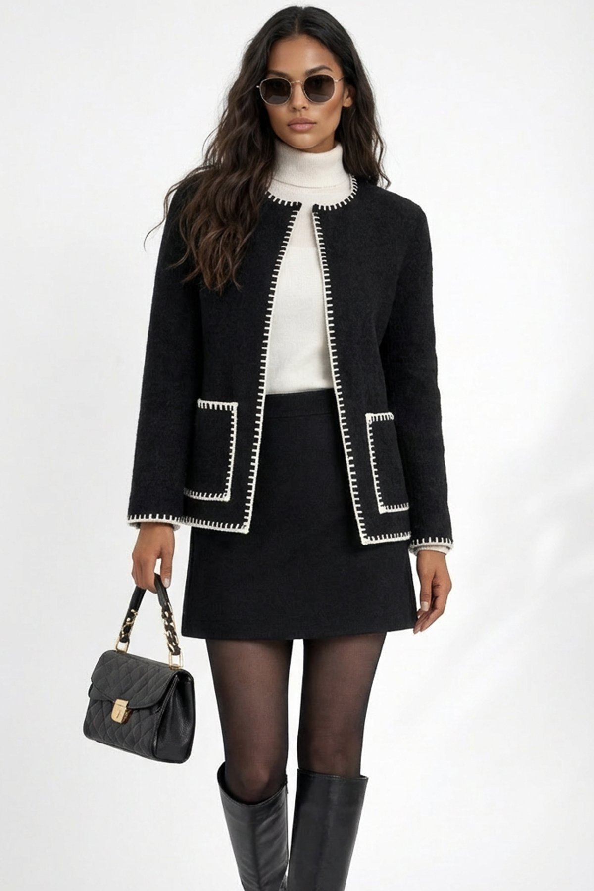 Kadın Siyah Çift Cepli Çoban Dikişli Triko Ceket Alc-X15312