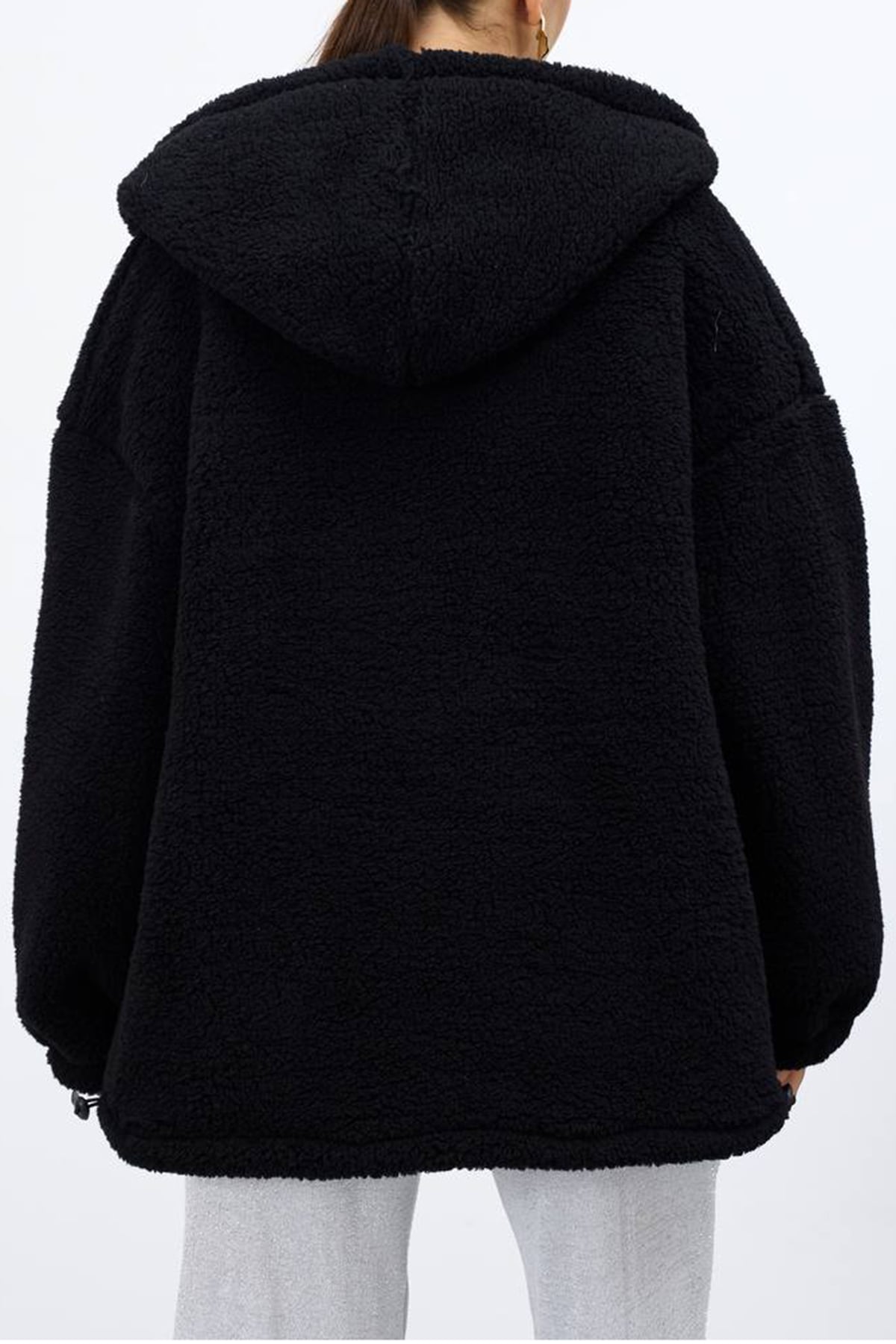 Kadın SİYAH Çift Cepli Fermuar Kapamalı Kapüşonlu Peluş Ceket VS01682