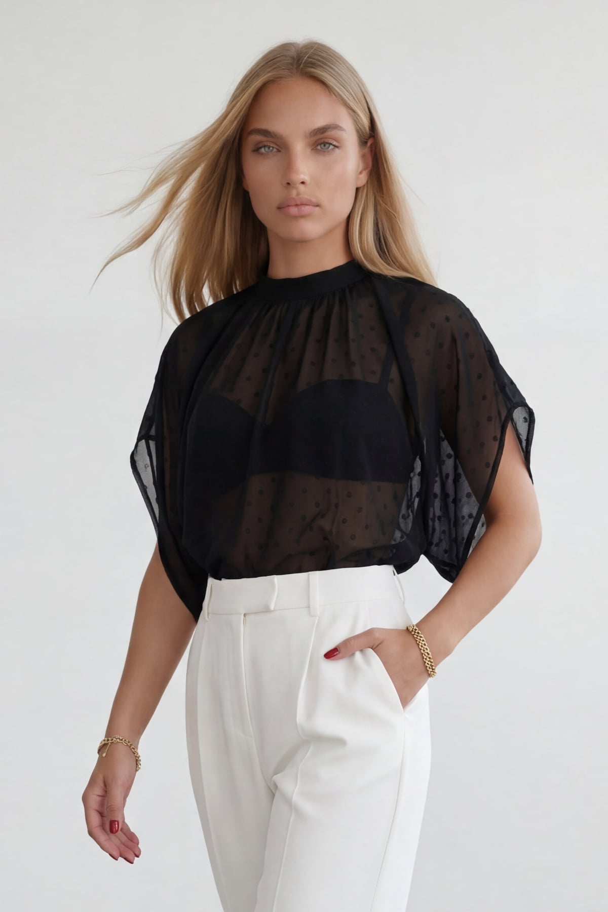 Kadın Siyah Dik Yaka Bağlamalı Drape Detaylı Şifon Bluz Alc-X15480