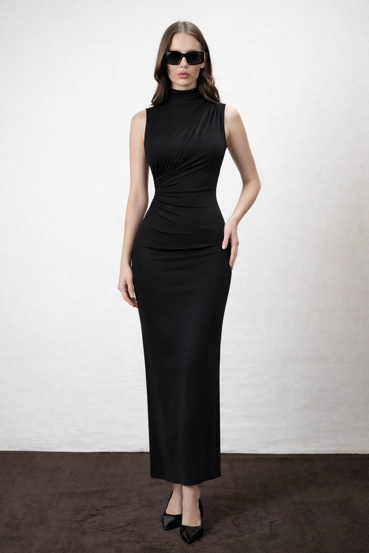 Kadın Siyah DİK YAKA DRAPE DETAYLI YIRTMAÇLI SANDY ELBİSE ALC-X15244