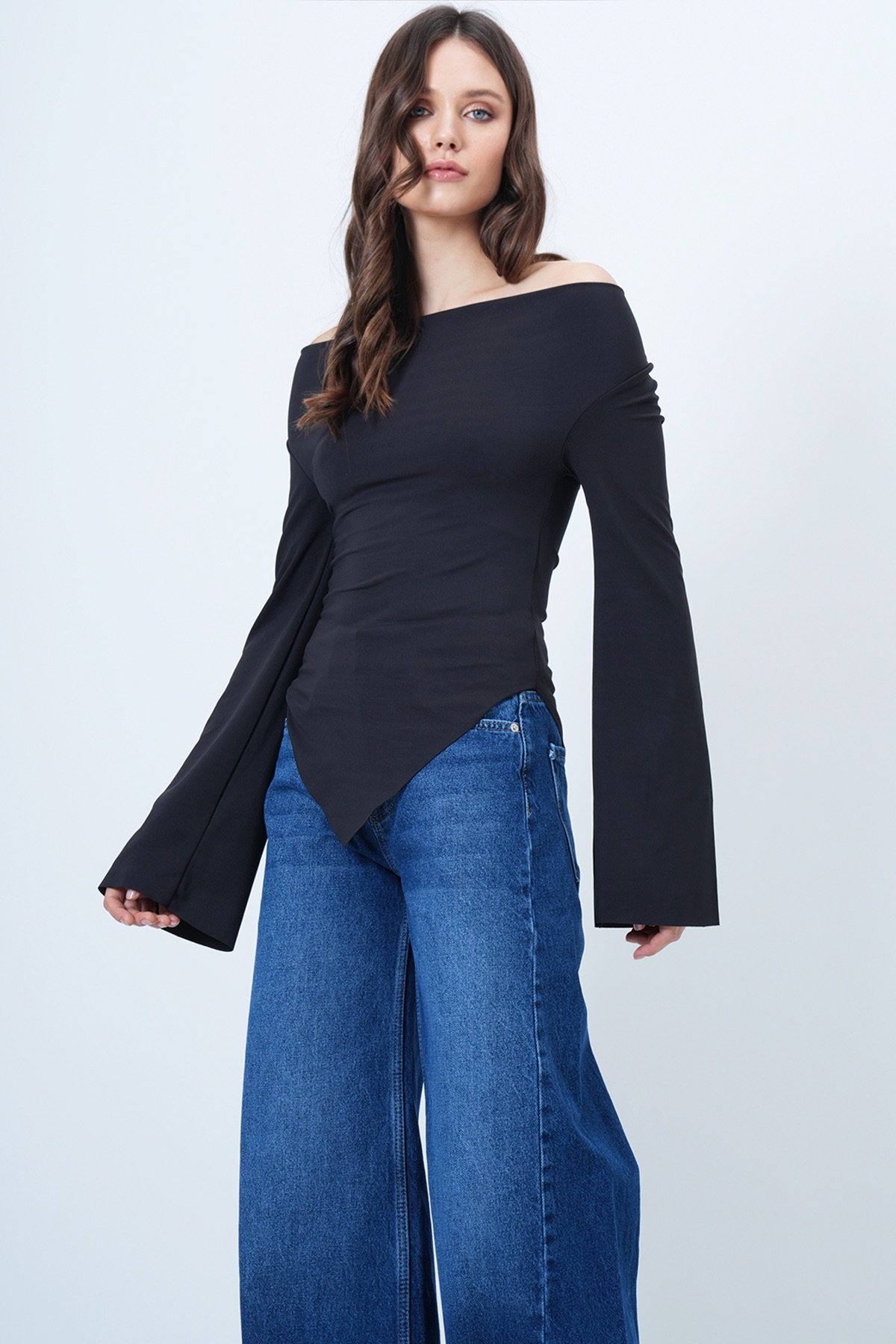 Kadın SİYAH Drape Yaka Asimetrik Kesim Bluz VS01550