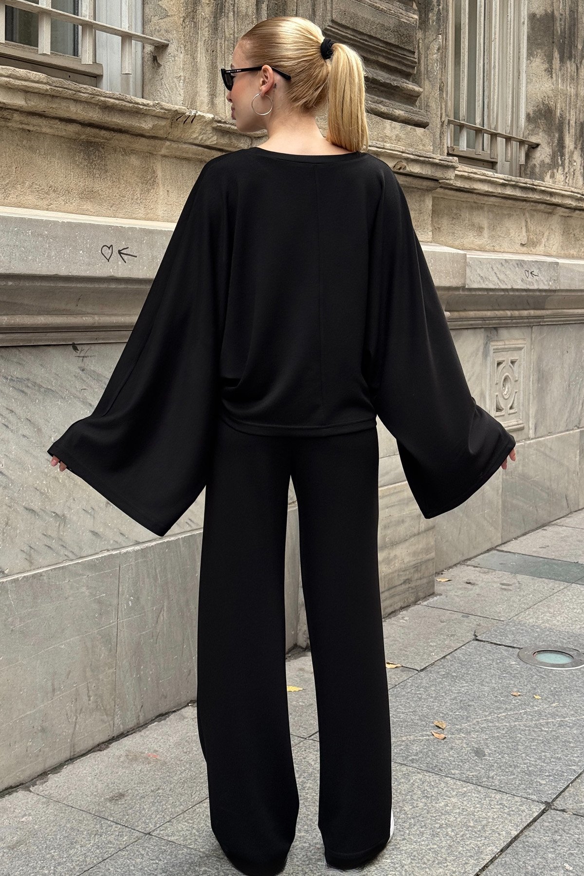 Kadın SİYAH Geniş Kol Detaylı Oversize İkili Takım VS01583