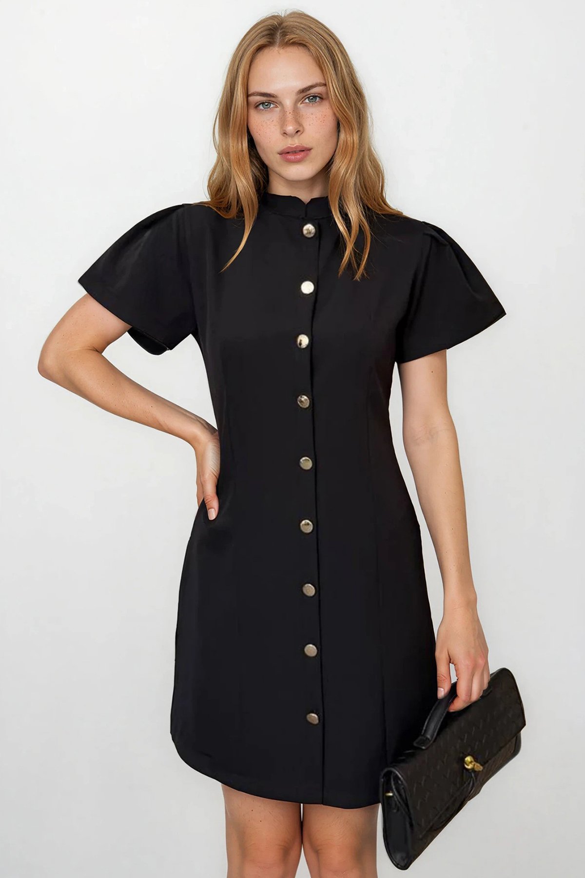 Kadın SİYAH HAKİM YAKA DÜĞME DETAYLI MİNİ DOKUMA ELBİSE ALC-X15303