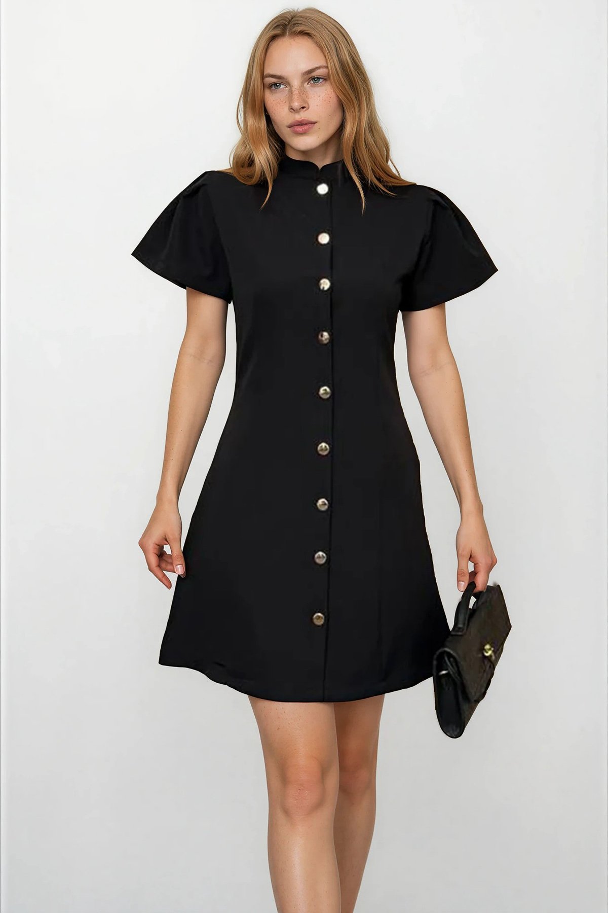 Kadın SİYAH HAKİM YAKA DÜĞME DETAYLI MİNİ DOKUMA ELBİSE ALC-X15303