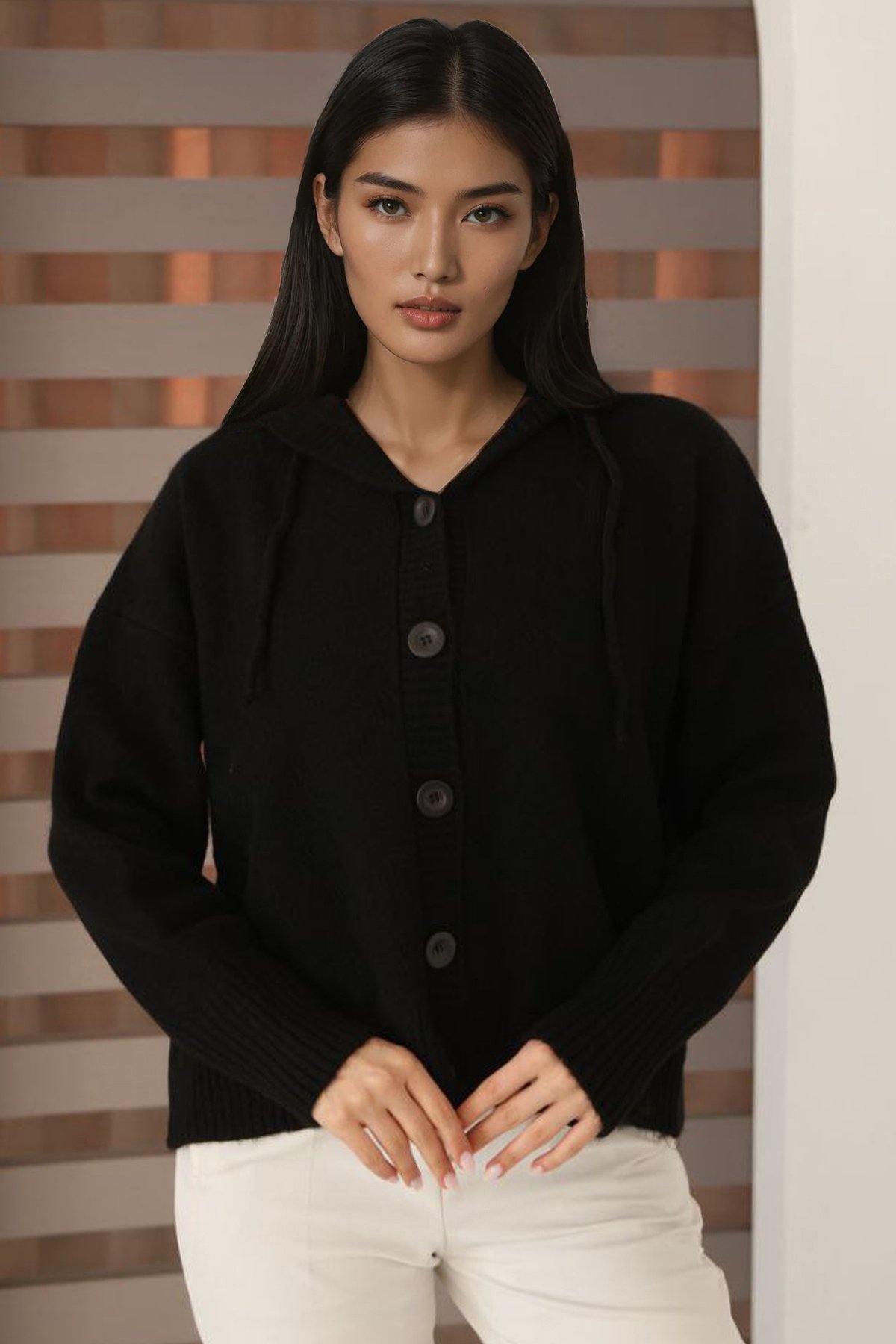 Kadın Siyah Kapüşonlu Triko Hırka Alc-X14743