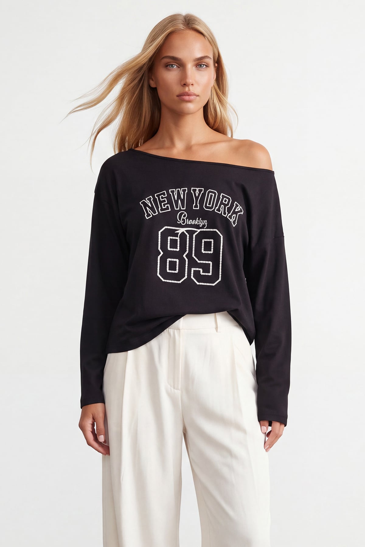 Kadın Siyah Kayık Yaka Baskılı Modal Sweatshirt Alc-X15731