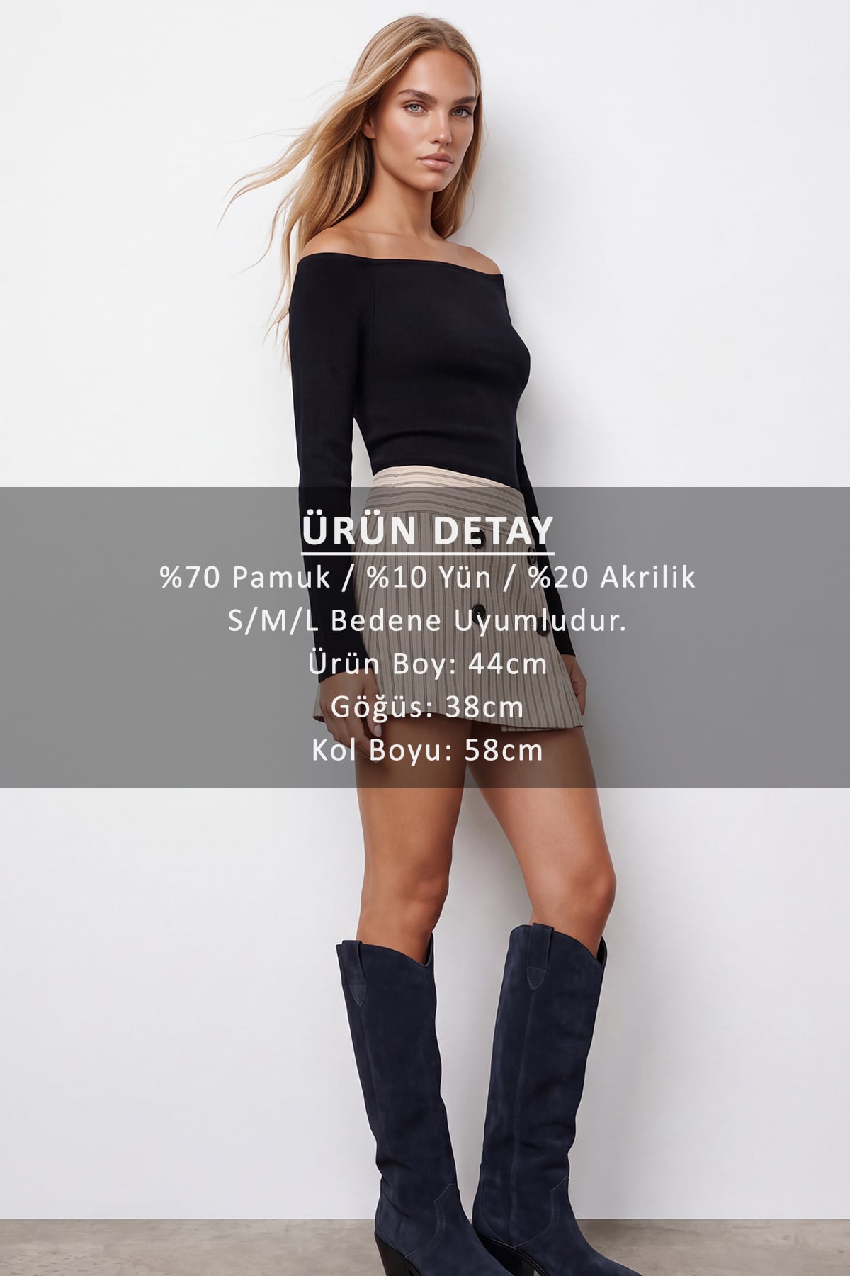 Kadın Siyah Kayık Yaka  Crospan  Yün Karışımlı Triko Bluz Alc-X15766