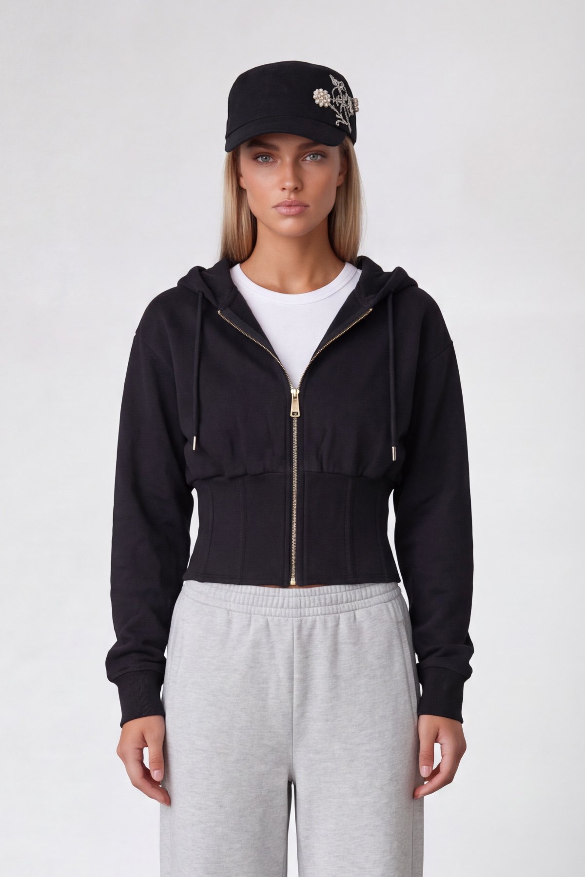 Kadın SİYAH Korseli Kapişonlu Sweatshırt ALC-X15622