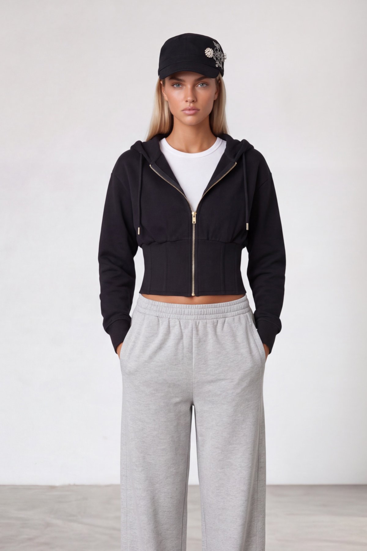 Kadın SİYAH Korseli Kapişonlu Sweatshırt ALC-X15622