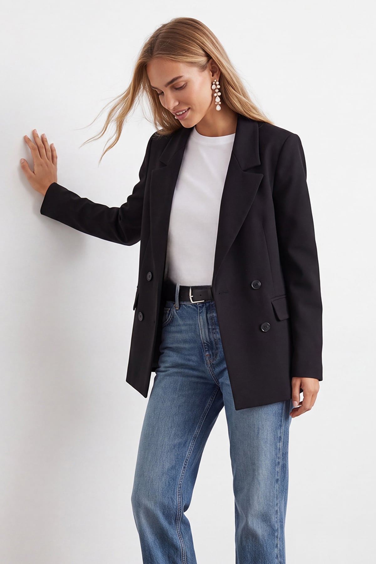 Kadın Siyah Kruvaze Yaka Düğmeli Blazer Ceket Alc-X15732