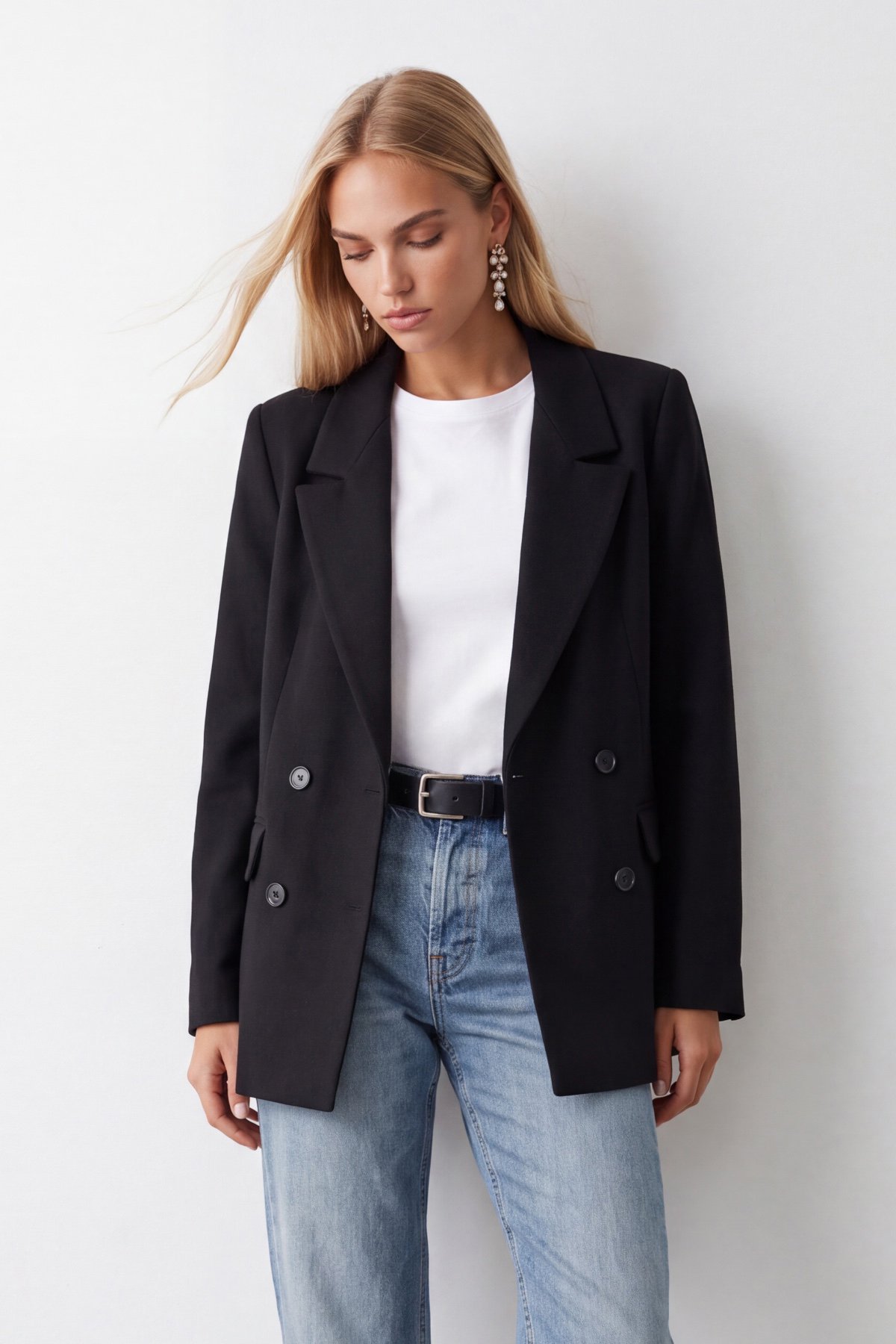 Kadın Siyah Kruvaze Yaka Düğmeli Blazer Ceket Alc-X15732