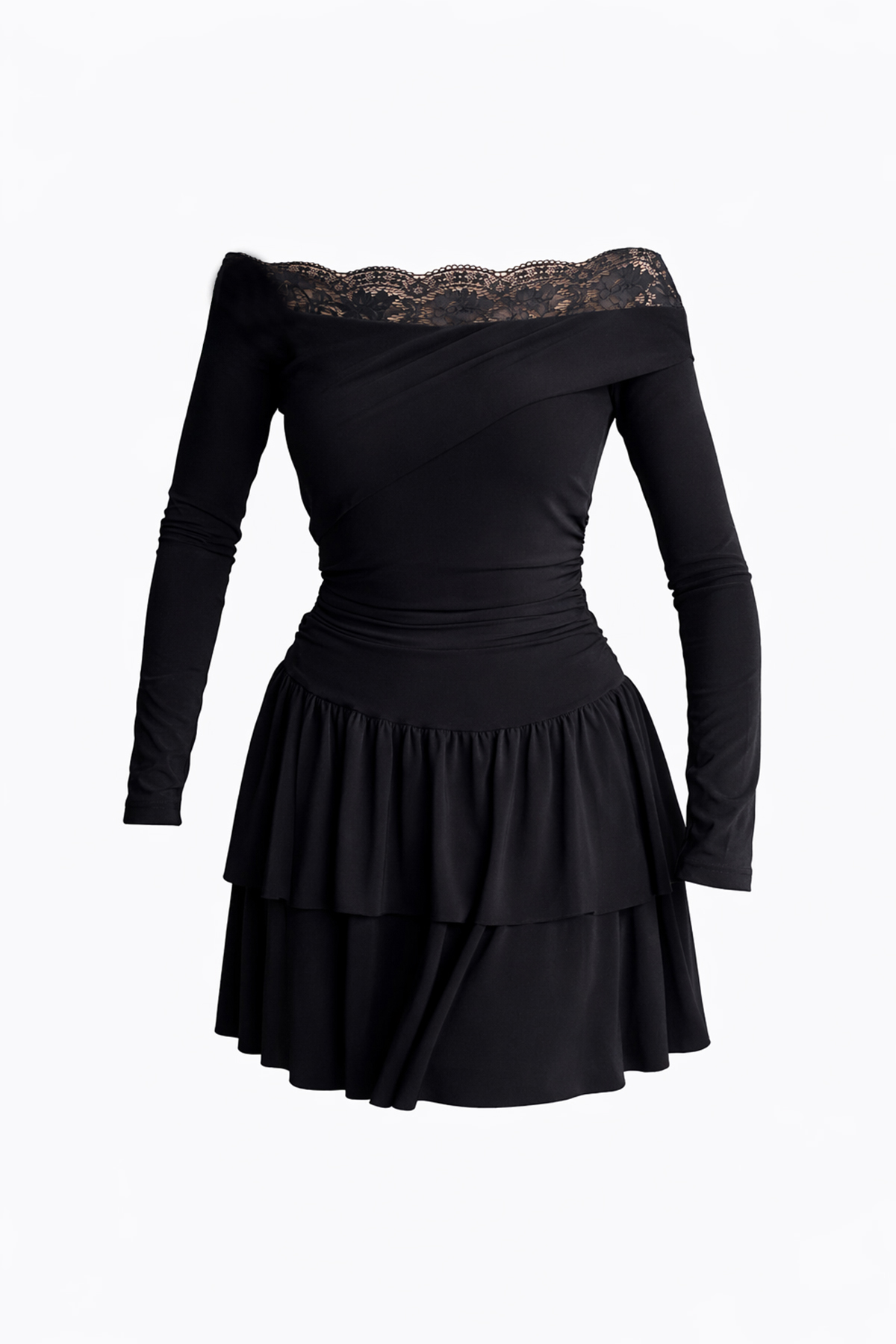 Kadın Siyah Madonna Yaka Dantel Detaylı Eteği Volanlı Sandy Elbise Alc-X15194