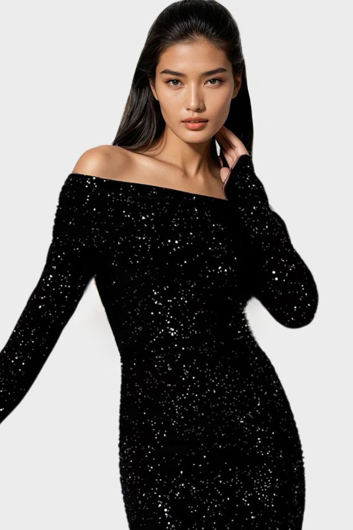 Kadın Siyah Madonna Yaka Simli Mini Elbise Alc-X14829