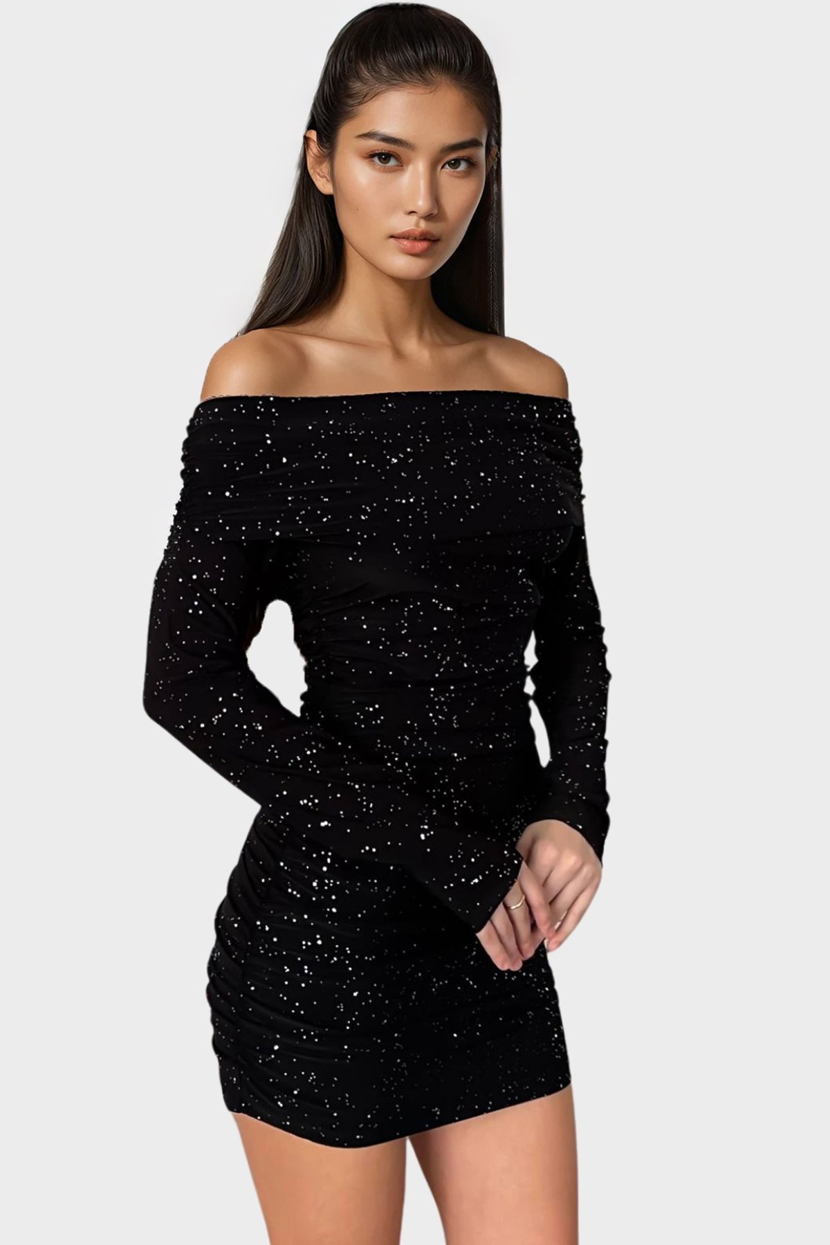 Kadın Siyah Madonna Yaka Simli Mini Elbise Alc-X14829