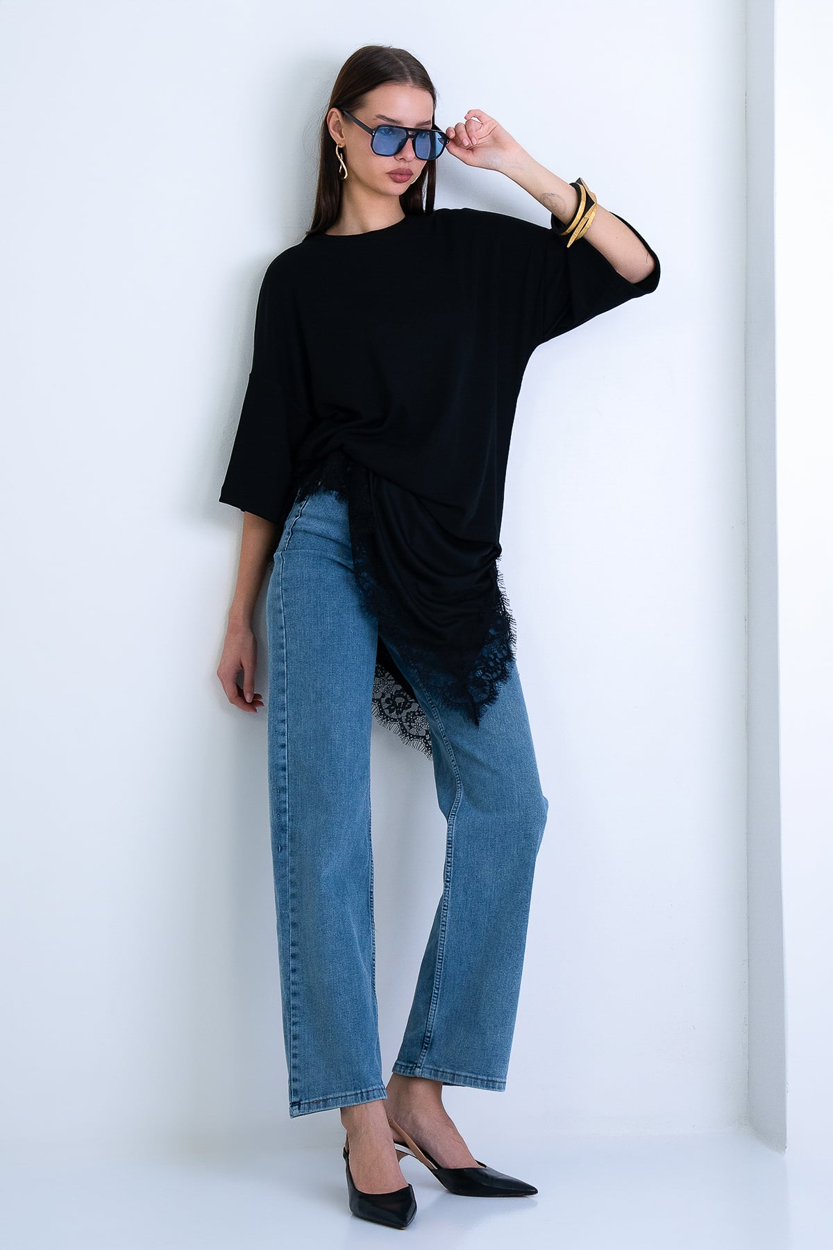 Kadın Siyah Oversize Dantelli Kombine T-Shırt Alc-X15239