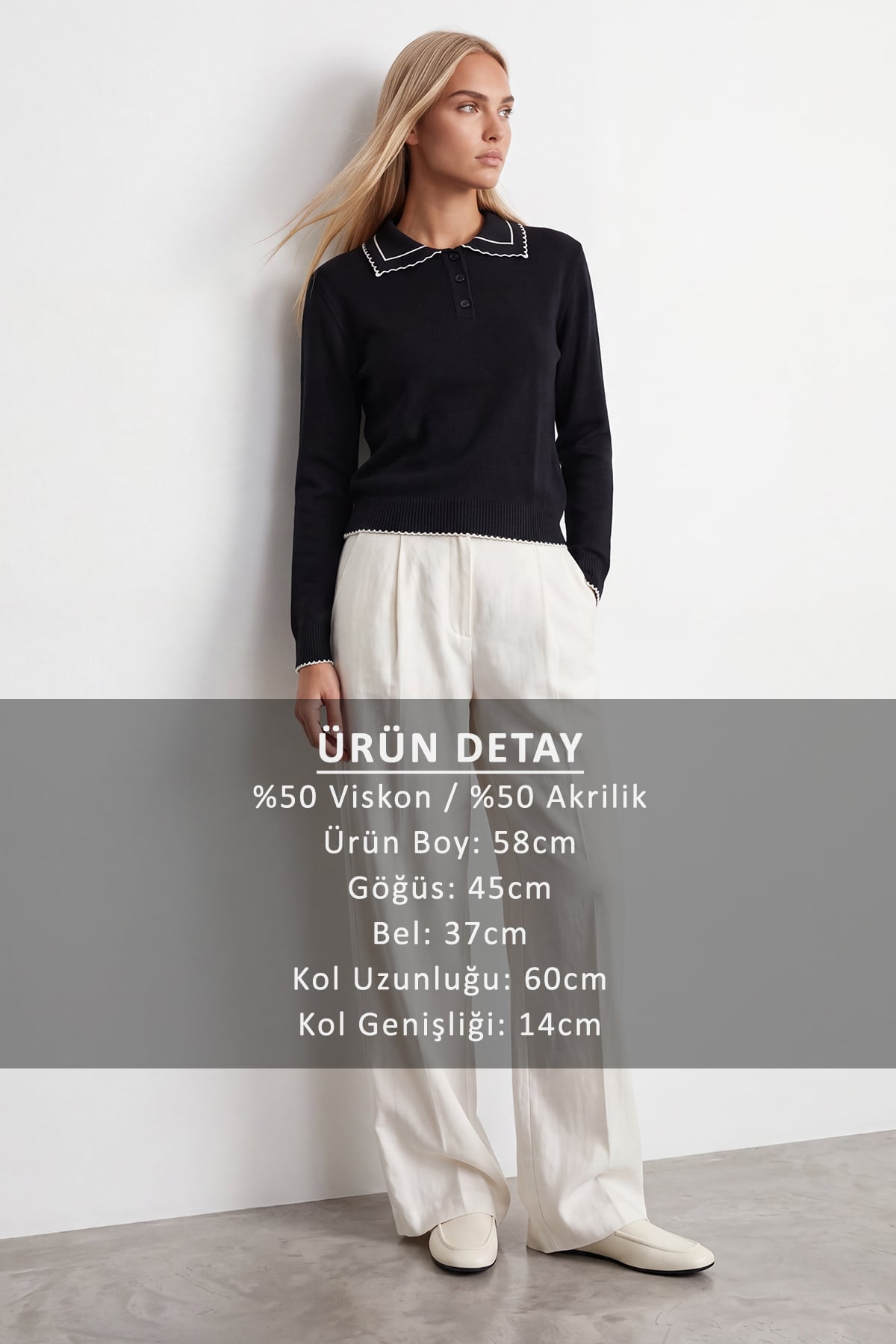 Kadın Siyah Polo Yaka Yumuşak Dokulu Triko Bluz Alc-X15966