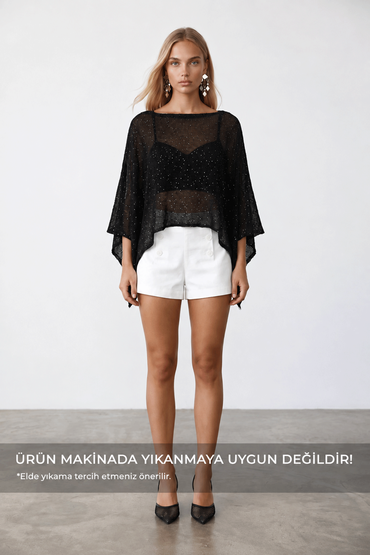 Kadın Siyah Simli Bol Kesim Triko Panço Bluz Alc-X15578