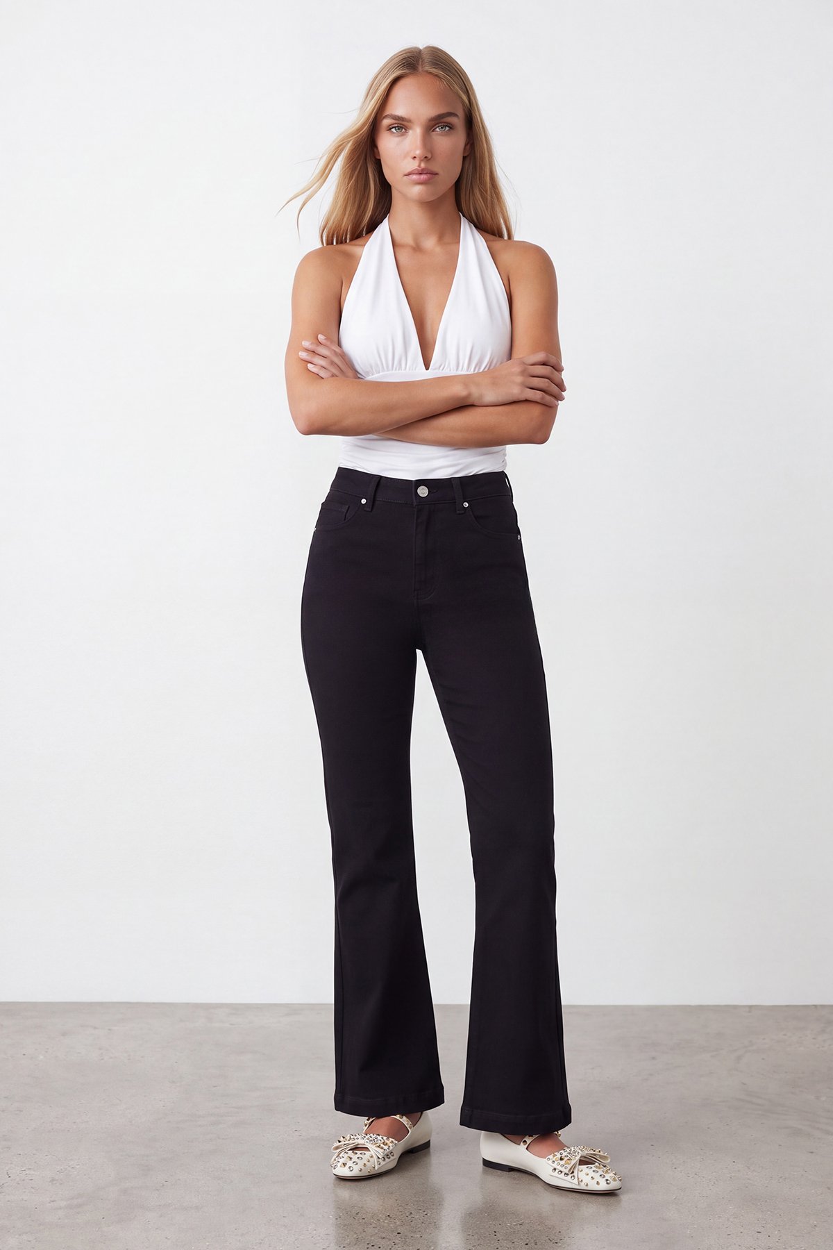 Kadın Siyah Slim Fit Yüksel Bel İspanyol Paça Jean Pantolon Alc-X15663