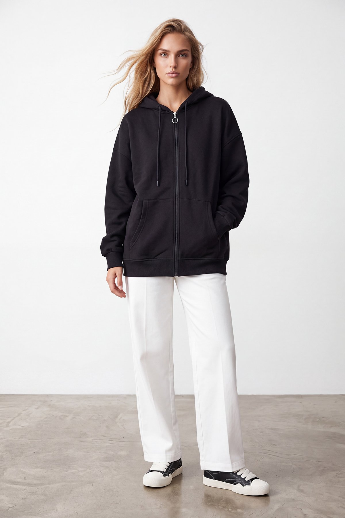 Kadın Siyah Üç İplik Şardonlu Oversize Sweatshirt Alc-X15945
