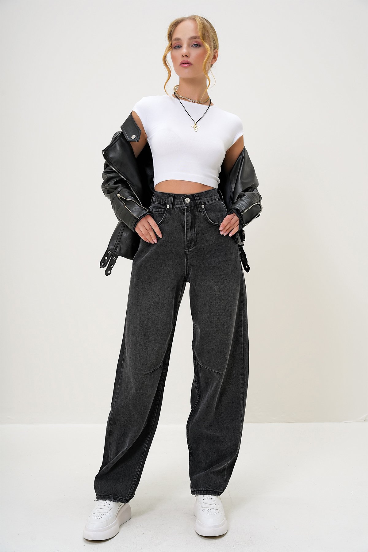 Kadın Siyah Yüksek Bel Baggy Balloon Jean ALC-X12557