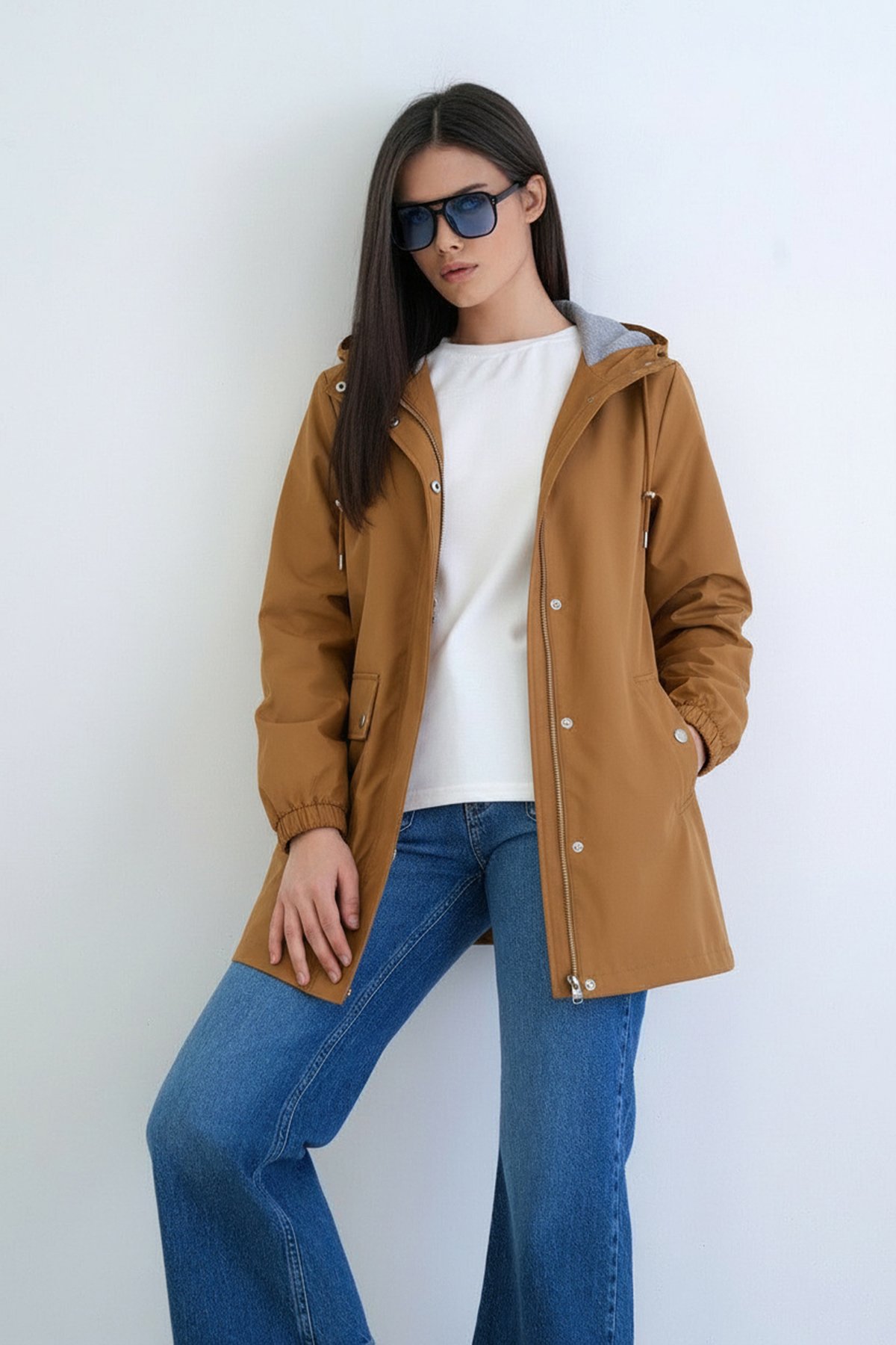 Kadın TABA Kapüşonlu Fermuarlı Çift Cepli Yağmurluk Ceket ALC-X12514