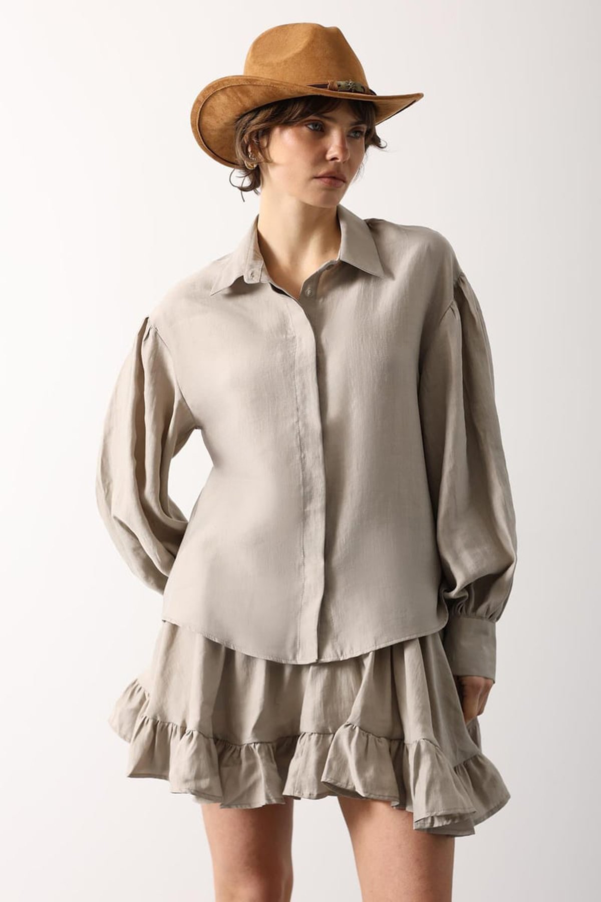 Kadın Taş Balon Kol Gizli Patlı Dokuma Gömlek Alc-X15199