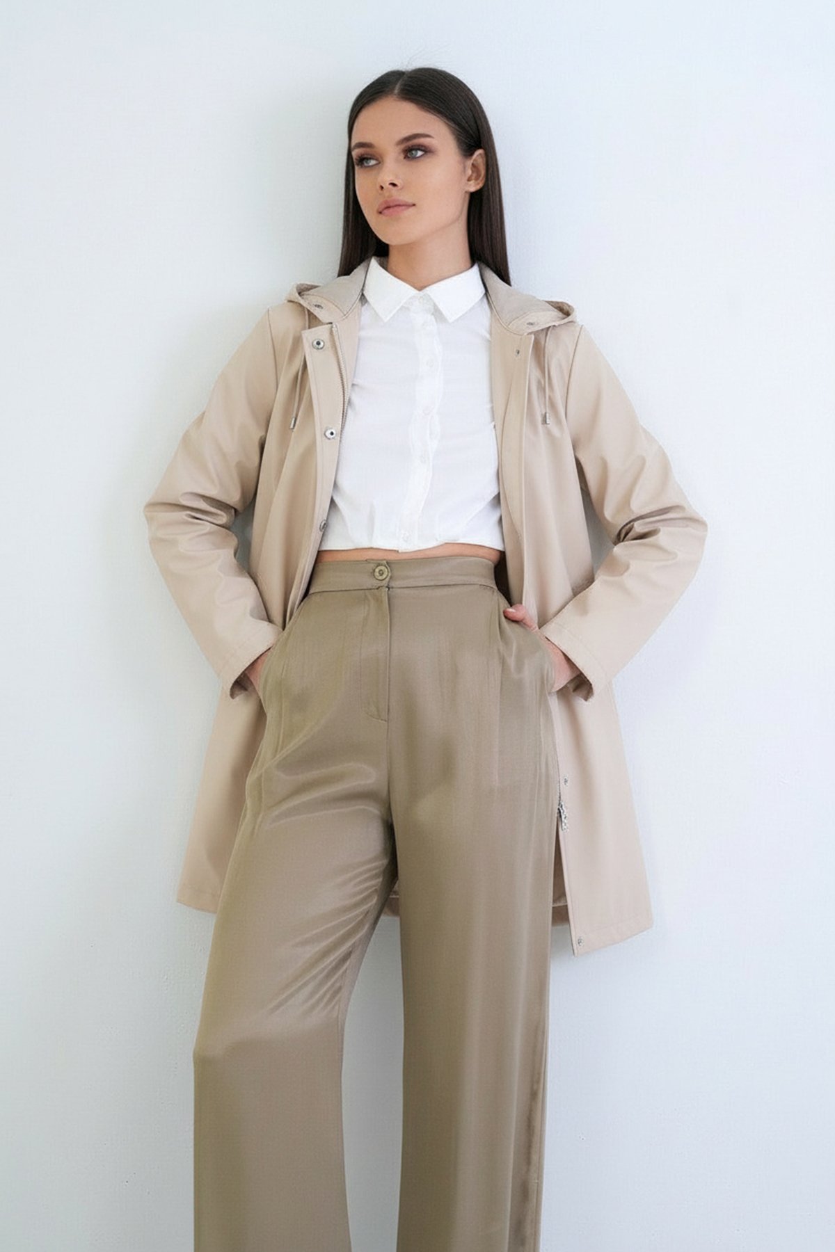 Kadın TAŞ Kapüşonlu Fermuarlı Çift Cepli Yağmurluk Ceket ALC-X12514